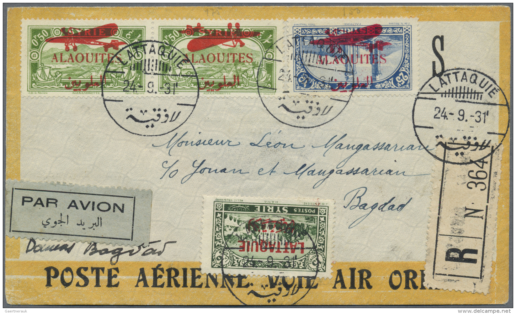 Alawiten-Gebiet: 1931, Registered Air Mail Cover From LATTAQUIE By AIR ORIENT Bearing 25p. Blue With Red Inverted Overpr - Brieven En Documenten