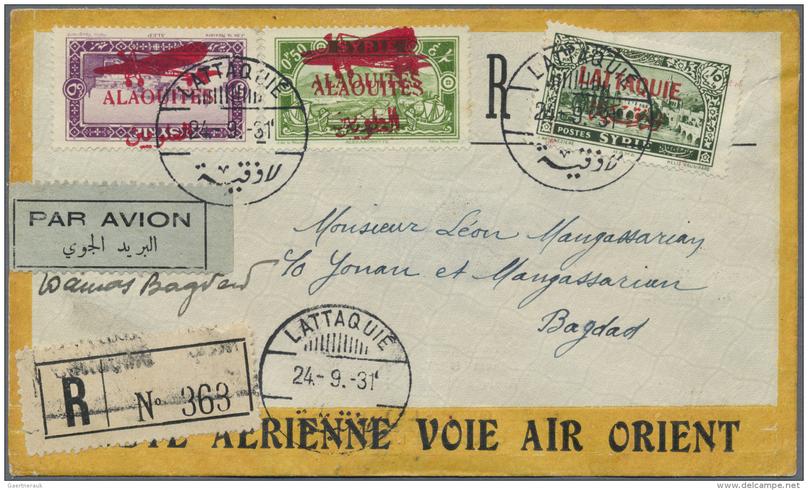 Alawiten-Gebiet: 1931, Registered Air Mail Cover From LATTAQUIE By AIR ORIENT Bearing 5p. Violet With Red Inverted Overp - Brieven En Documenten