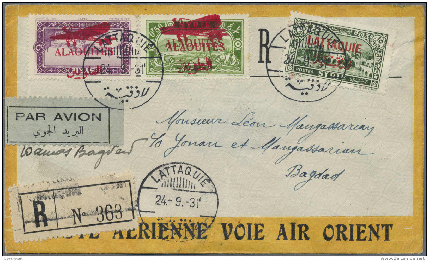 Alawiten-Gebiet: 1931, Registered Air Mail Cover From LATTAQUIE By AIR ORIENT Bearing 5p. Violet With Red Inverted Overp - Covers & Documents