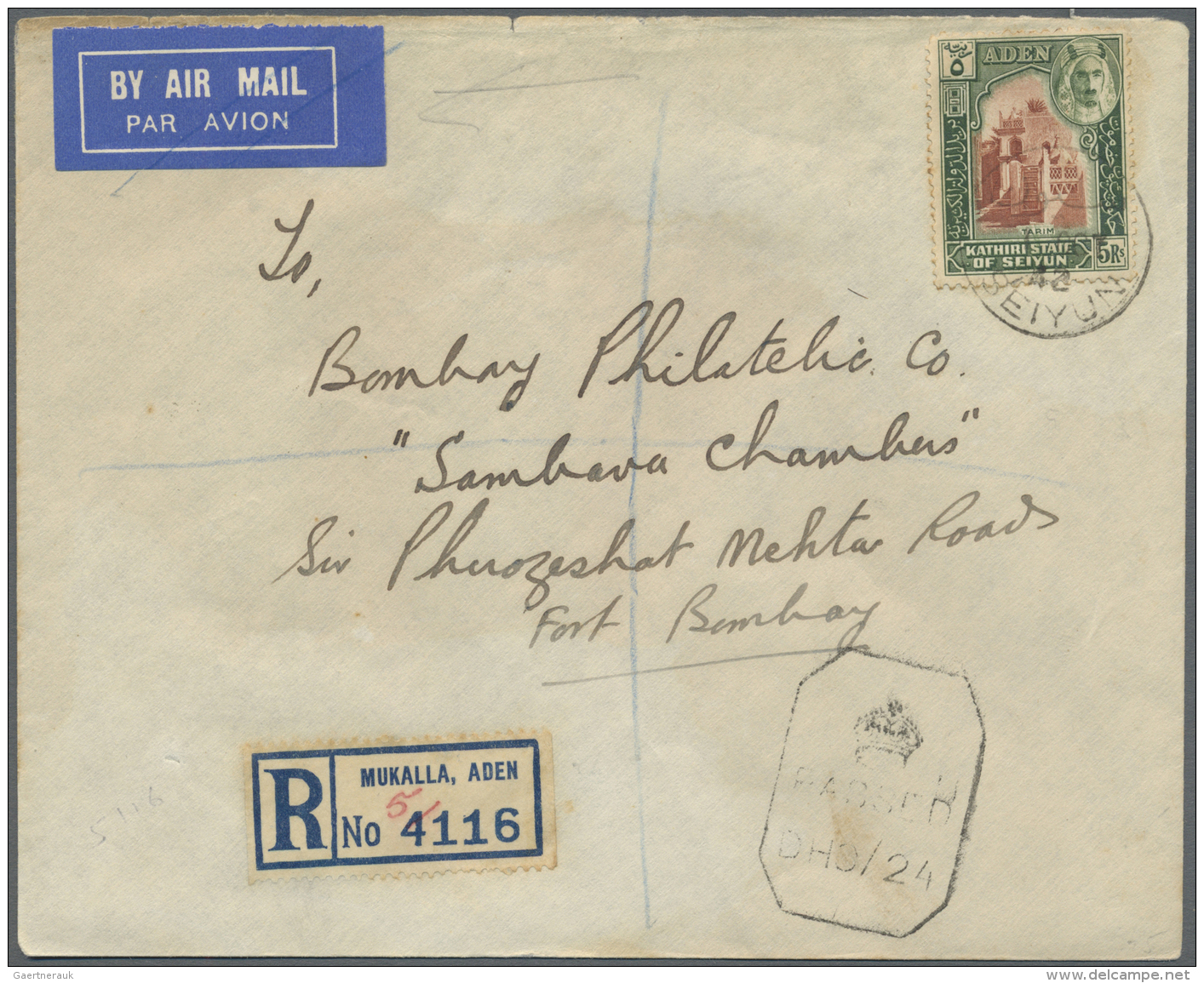 Aden - Kathiri State Of Seiyun: 1942 'Mosque' 5r. Brown &amp; Green As Single Franking On Registered Cover To Bombay, Ti - Yemen