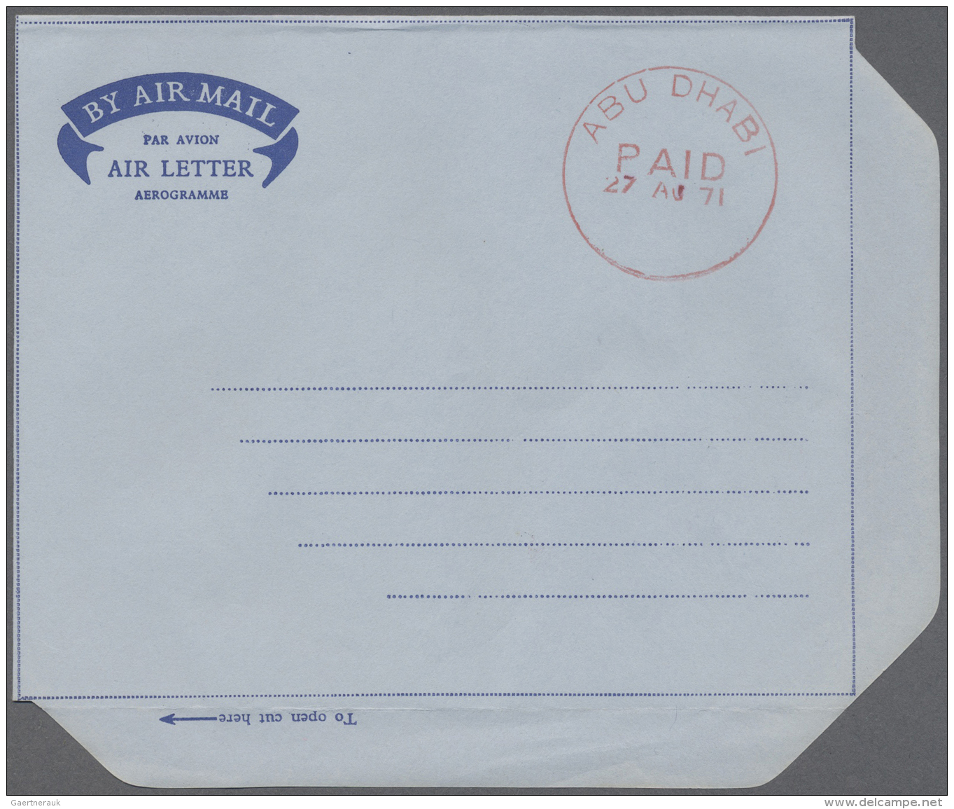 Abu Dhabi: 1971, Red One Circle "ABU DHABI PAID 27 AU 71" On Unused Air Letter. (ex J. Kasper Collection) - Abu Dhabi