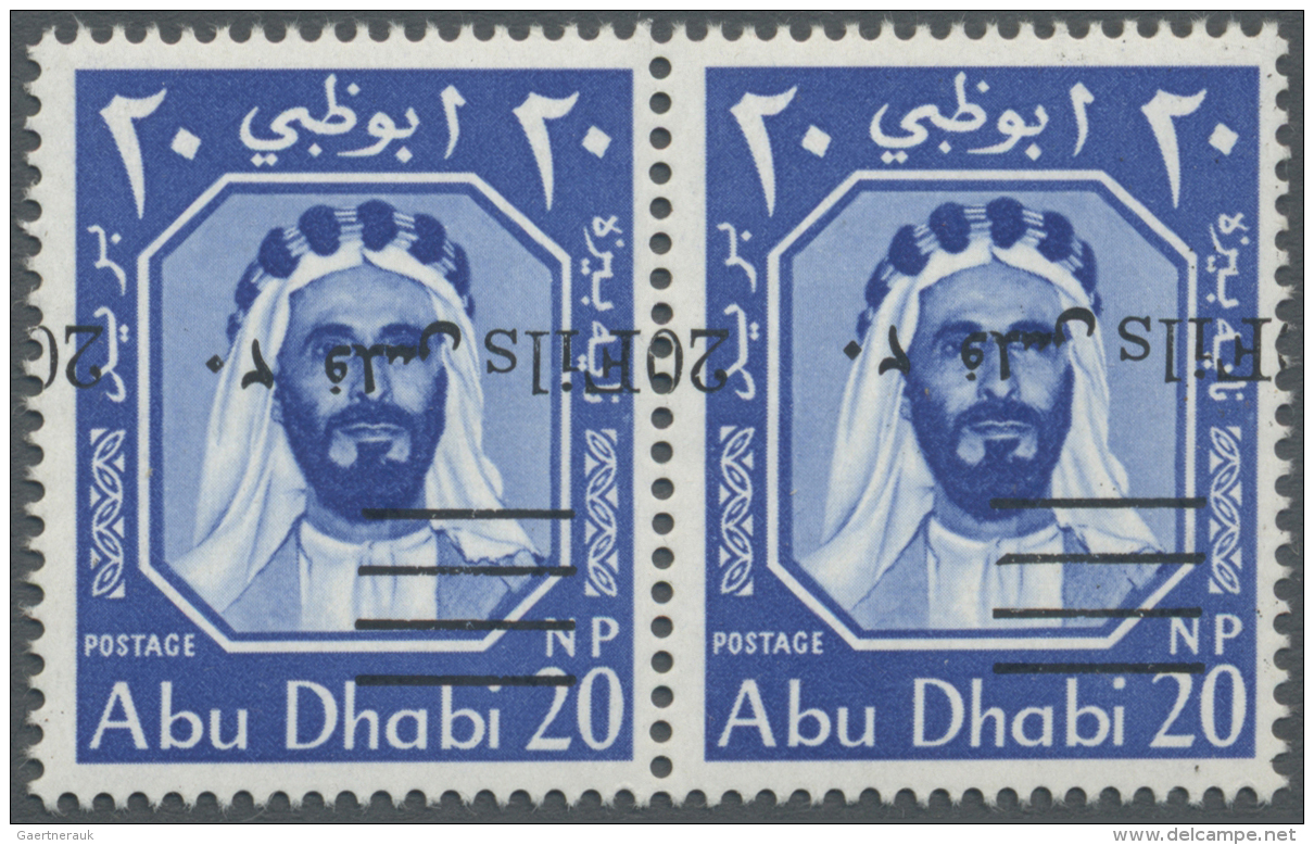 Abu Dhabi: 1966 New Currency 20f. On 20n.p. Ultramarine, Variety SURCHARGE INVERTED, Horizontal Pair (Sheet Pos. R5/5-6) - Abu Dhabi