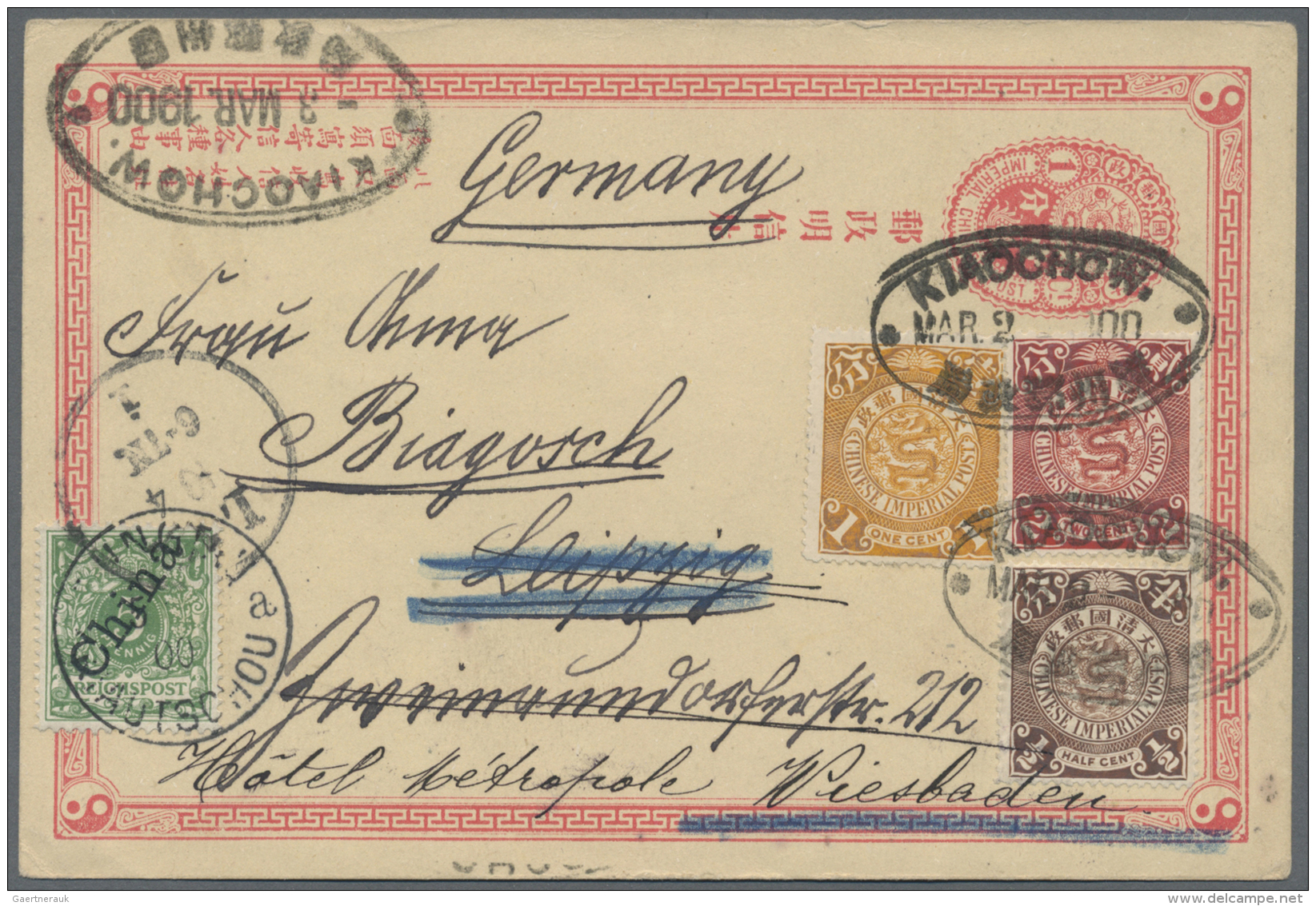 China - Ganzsachen: 1900, 1 C. GS-Karte Mit &frac12;, 1 Und 2 C. Zusatzfrankatur, Doppeloval "KIAOCHOW MAR/2/1900", In M - Other & Unclassified