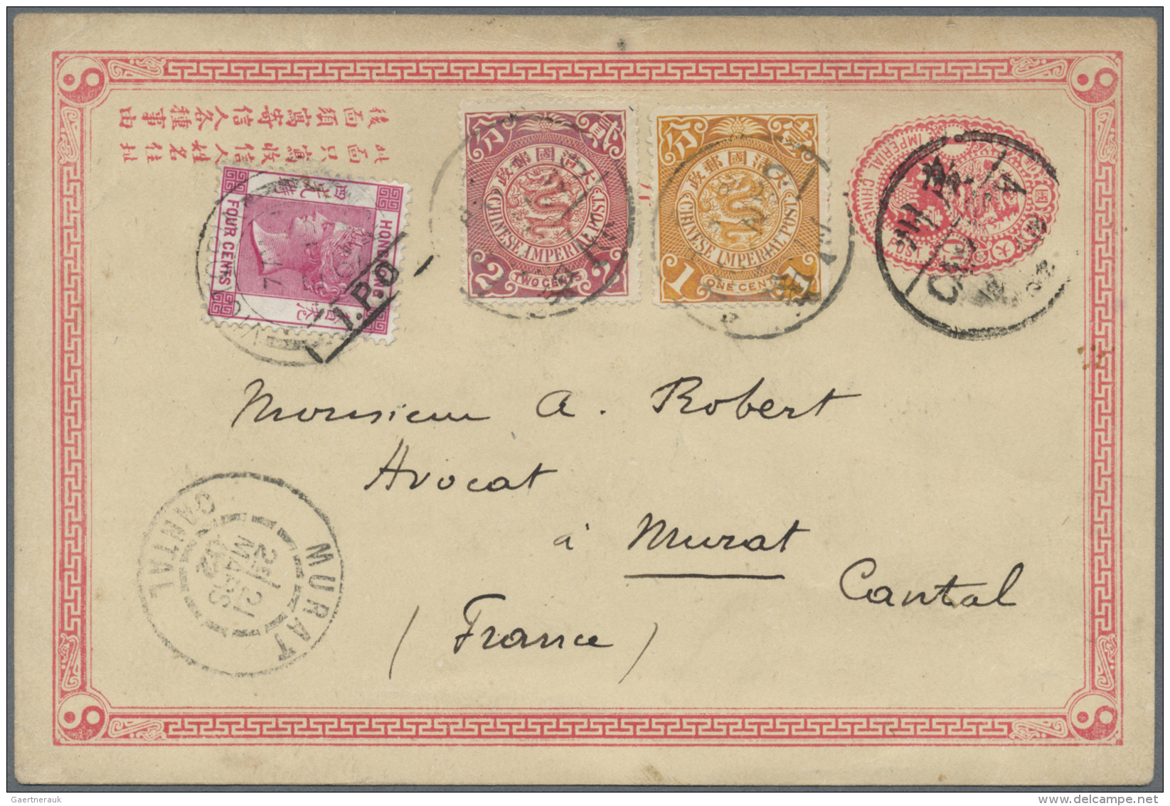 China - Ganzsachen: 1897, Card ICP 1 C. Uprated Coiling Dragon 1 C., 2 C.  Canc. Bisected Bilingual "CANTON 19 FEB 02" I - Other & Unclassified