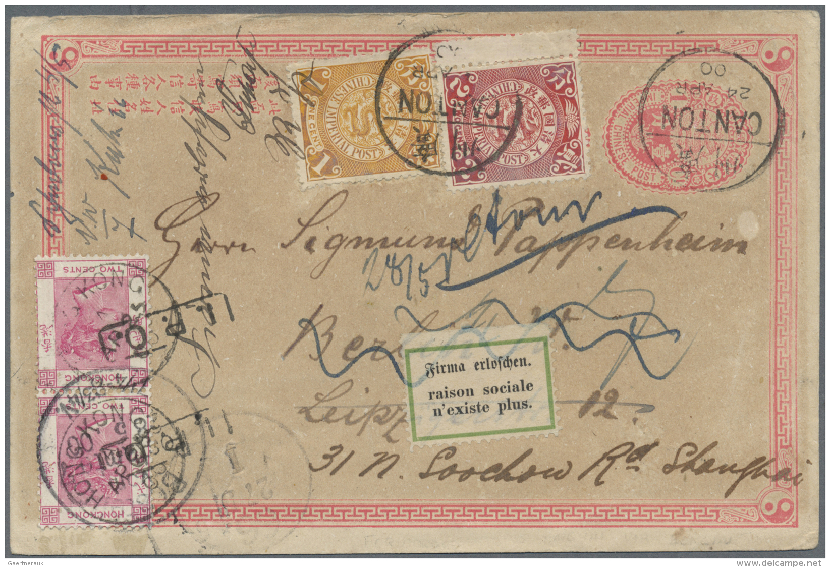 China - Ganzsachen: 1897, Card ICP 1 C. Uprated Coiling Dragon 1 C., 2 C. (margin Copy) Canc. Bisected Bilingual "CANTON - Andere & Zonder Classificatie