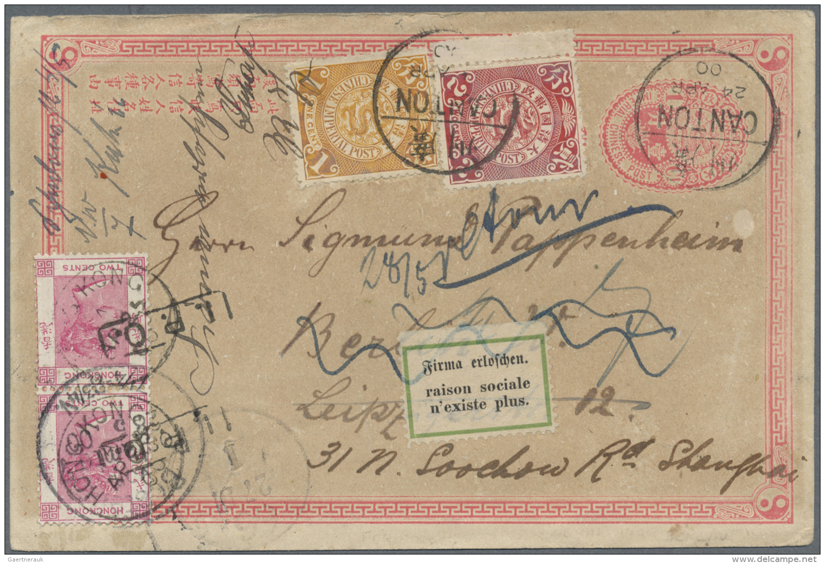 China - Ganzsachen: 1897, Card ICP 1 C. Uprated Coiling Dragon 1 C., 2 C. (margin Copy) Canc. Bisected Bilingual "CANTON - Other & Unclassified
