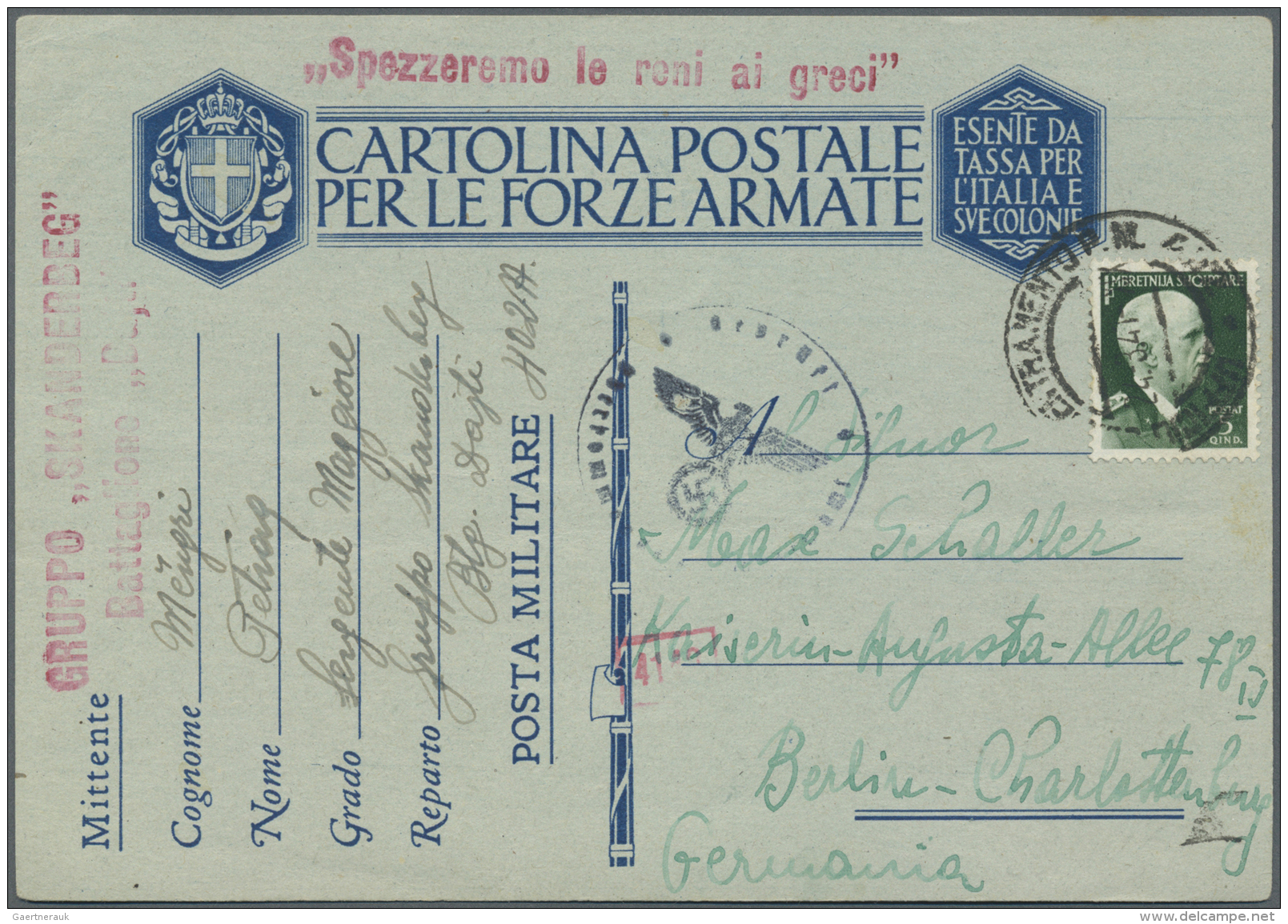 Albanien: 1941, 15 Q. Green Tied By Army Postal Mark "UFFICIALE....P.M.. 24.3." To Italian Field Postcard With Red Sende - Albanië