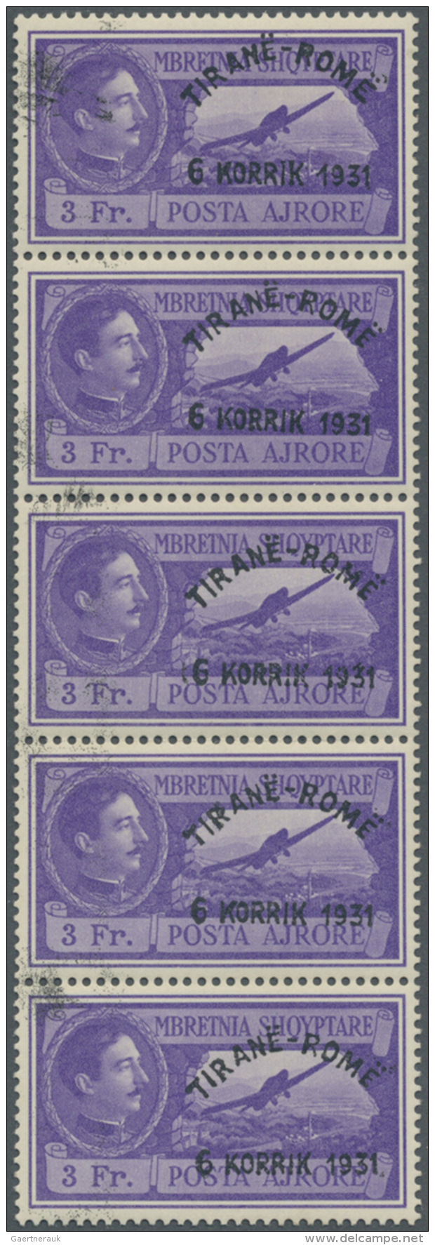 Albanien: 1931, K&ouml;nig Zogu I. Mit Aufdruck F&uuml;r Den Erstflug Tirana-Rom Kompl. Satz In Senkr. F&uuml;nferstreif - Albanië