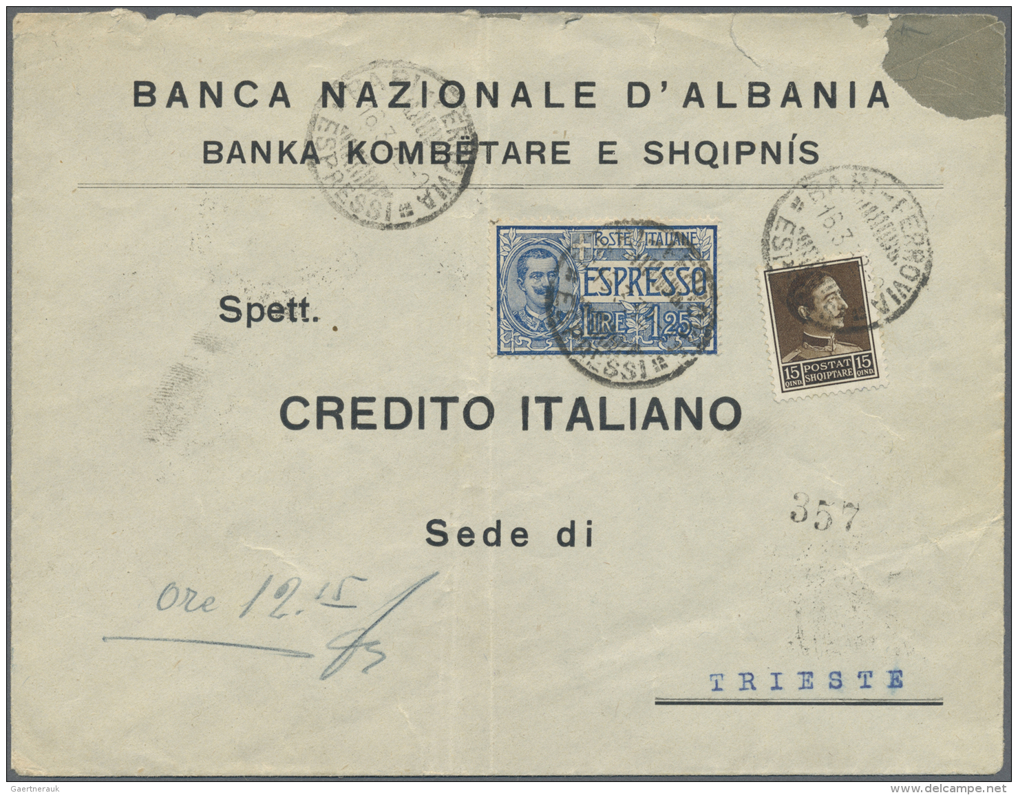 Albanien: 1932 (16.3.), K&ouml;nig Zogu 15 Q. Braun Sowie Ital. Eilmarke 1,25 Lire Auf Firmenvordruckbrief Der 'Banca Na - Albanië