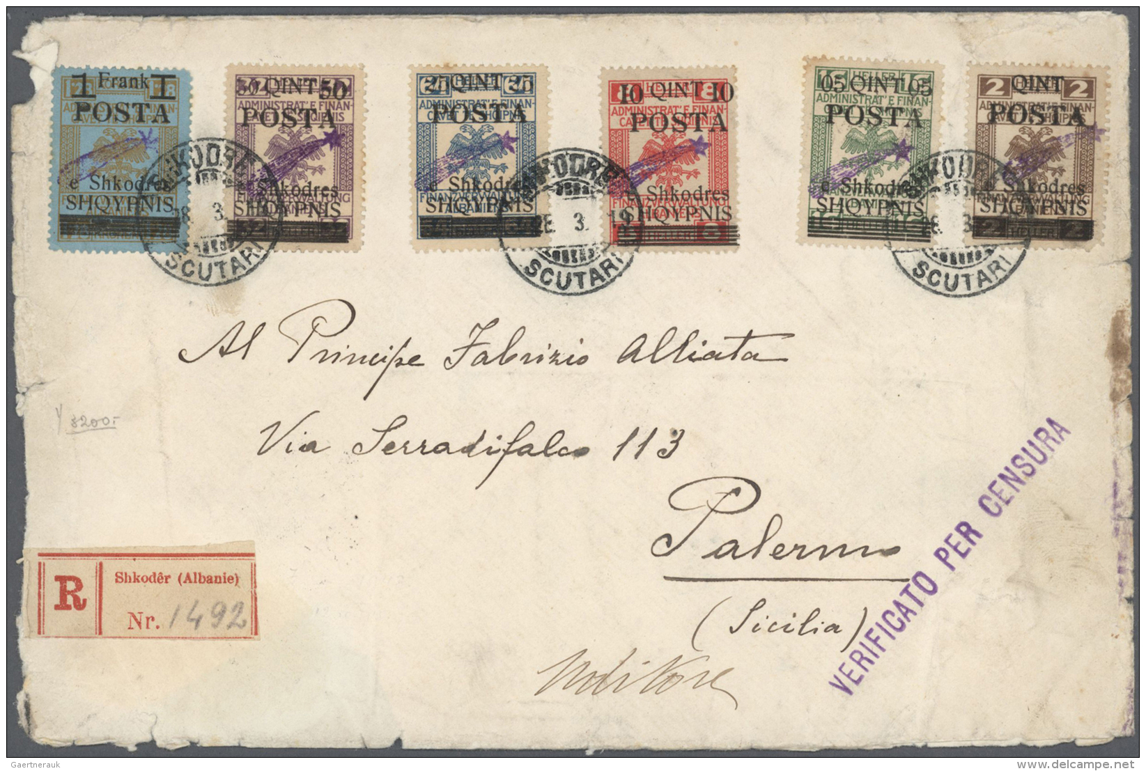 Albanien: 1919. Registered Cover Franked With Set Of 6 "Star". Creased. (set Complete For Illustration Number A8) - Albania