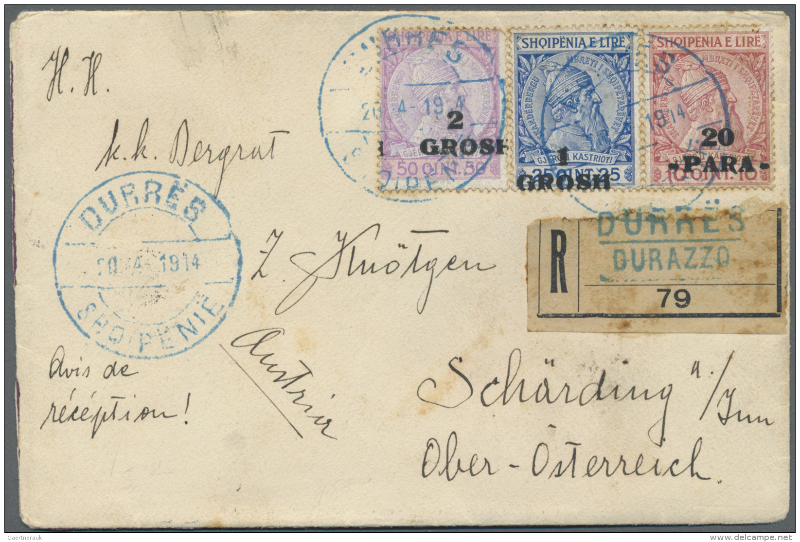 Albanien: 1914, 2 Gr./50 Q., 1 Gr./25 Q. And 20 P./10 Q. Tied Blue "DURRES 20.4.1914" To Small Envelope By Registered-AR - Albanië