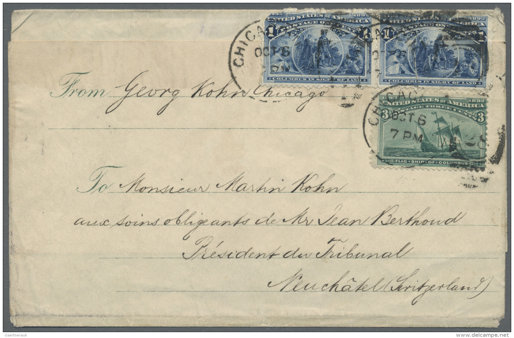 Vereinigte Staaten Von Amerika: 1893, Columbus 3 C. Green And Horizontal Pair 1 C. Blue (faults) Tied By Dublex Cancel " - Covers & Documents