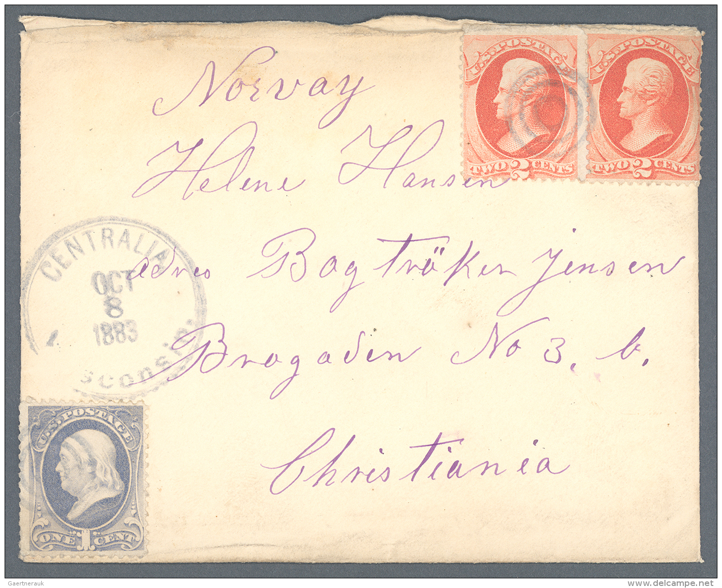 Vereinigte Staaten Von Amerika: 1883, 1 C. And 2 X 2 C. Cancelled With &bdquo;CENTRALIA OCT 8 1883" In Blue Send To CHRI - Brieven En Documenten