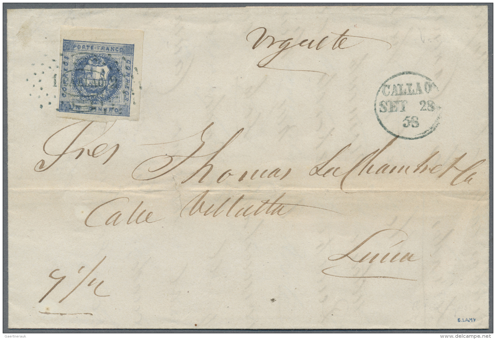 Peru: 1858, Letter To Lima With 1858 1 Dinero Blue, Good To Large Margins Tied By Oval "1 Callao 2" Dots Cancellation In - Peru