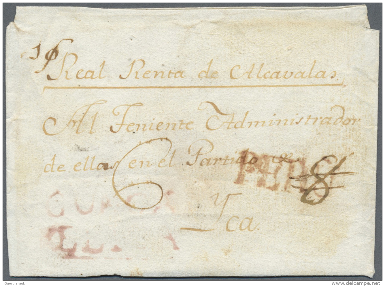 Peru: 1800 (ca.), Folded Envelope "I/Real Renta De Alcavalas" With Spanish "PERU" To Yca. In Guinovart Hanboock Only 3 L - Peru
