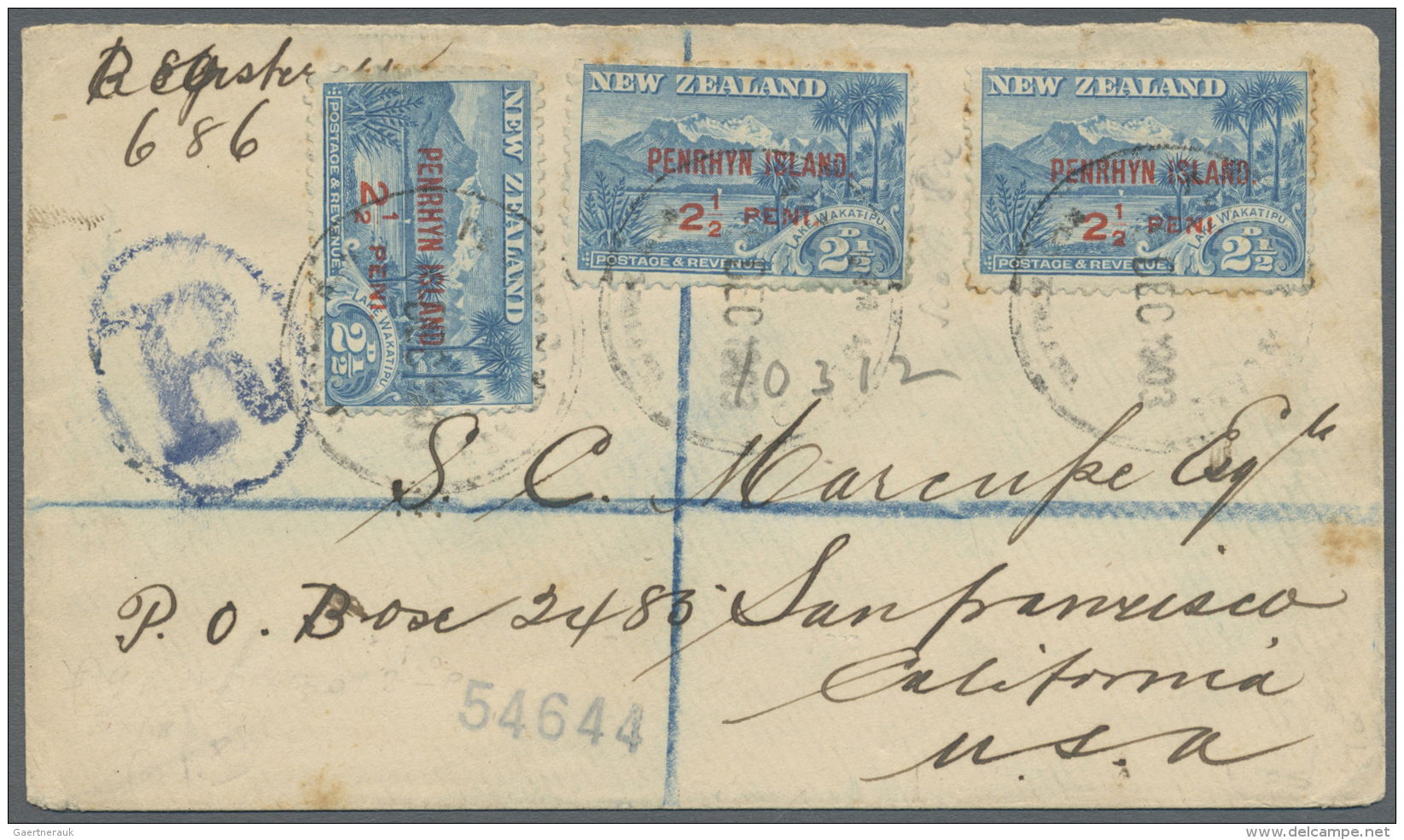 Penrhyn: 1903, 2 1/2 Peni On NZ 3 1/2d (3, All Wide Spacing Variety Of 2 Mm Between 172 And "P") Tied Indisticnt ".. ... - Penrhyn