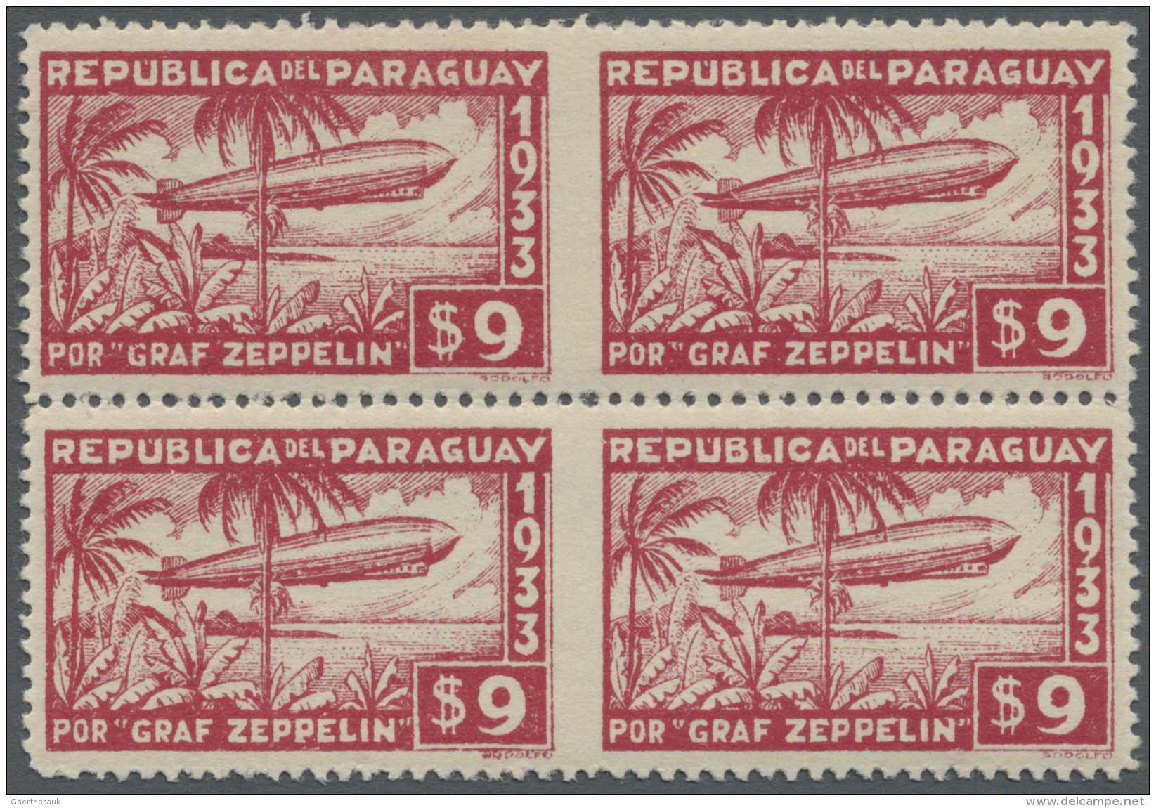 Paraguay: 1933: Zeppelin Sondermarken $9, Viererblock, In Der Mitte Senkrecht Ungez&auml;hnt. Ex Sammlung Risch.  1933: - Paraguay