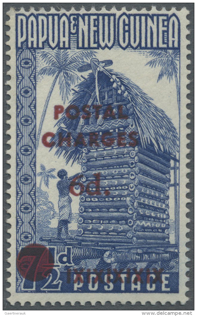 Papua Neuguinea - Portomarken: 1960, Yam House 7&frac12;d. Blue With Red Opt. 'POSTAL CHARGES 6d.' And Additional Blocke - Papua New Guinea