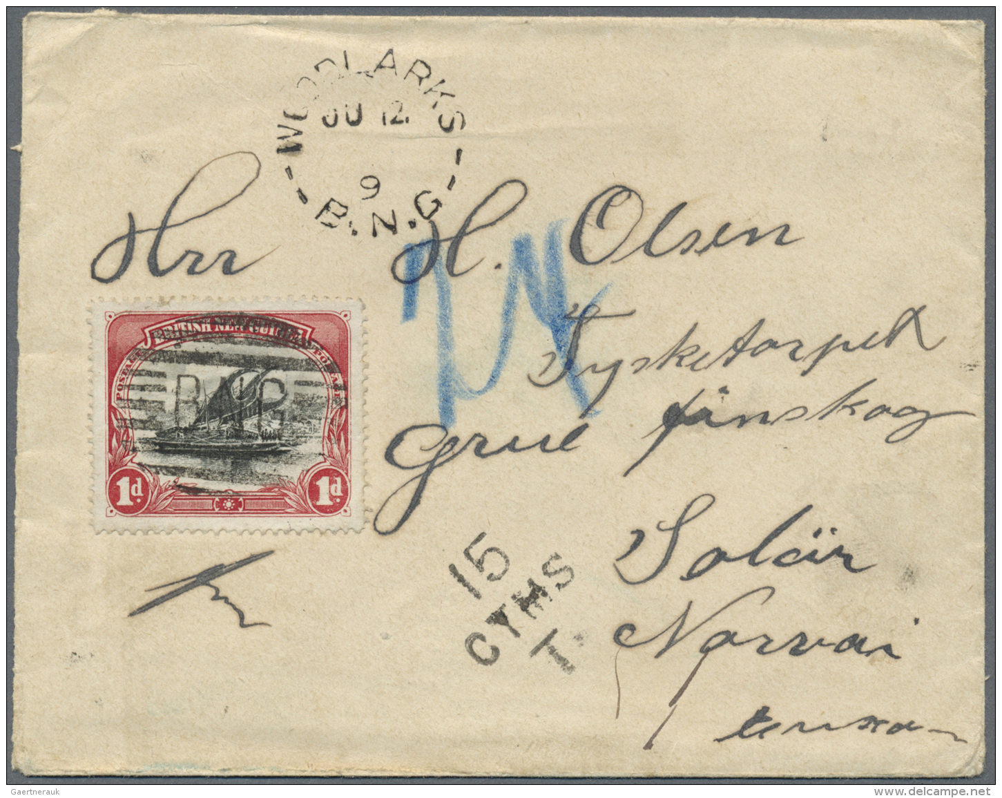 Papua Neuguinea: 1901, 1d Canc. Oval Grill "NB" W. "WOODLARKS B.N.G. JU 12 9" Alongside On Small Size Cover To Solor/Nor - Papua New Guinea