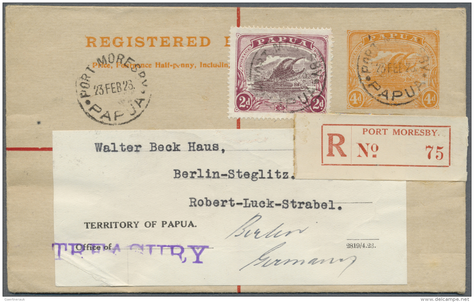 Papua: 1926 (23.2.), Registered Letter Lakatoi 4d Orange Uprated With Lakatoi 2d Purple/lake Used With Unsealed Flap Fro - Papouasie-Nouvelle-Guinée