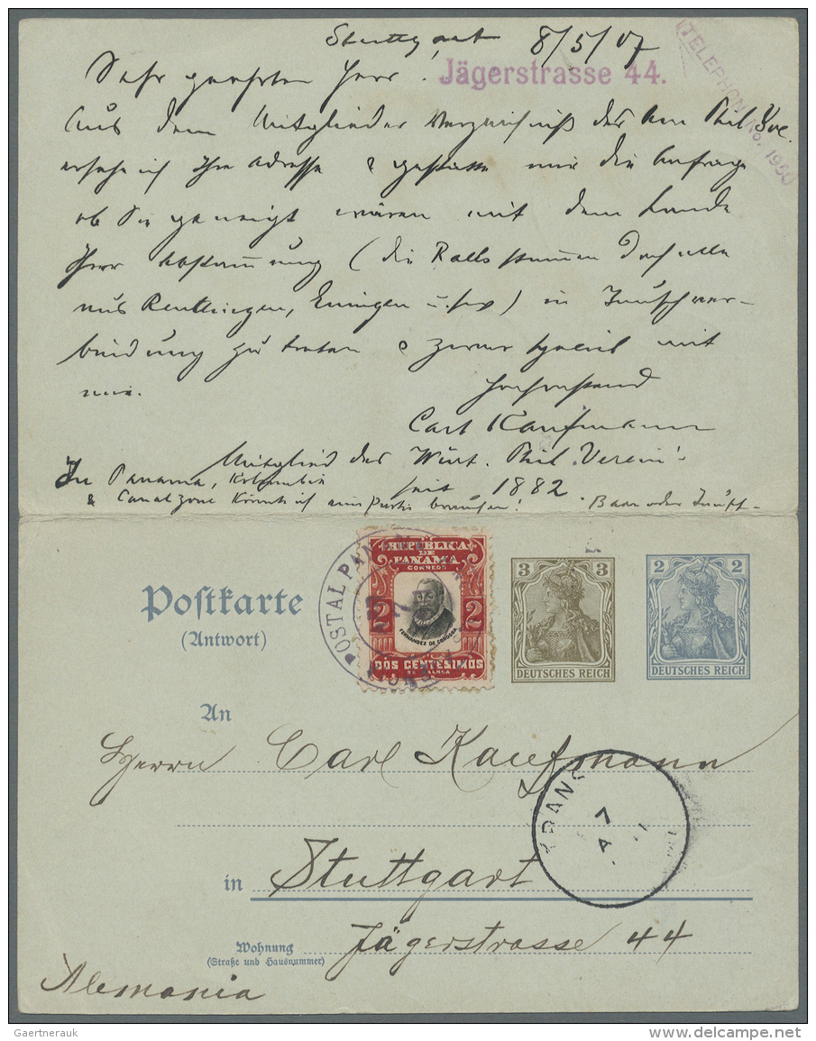 Panama: 1907/11, 2 C. Scarlet/black Uprating A German Domestic Reply Card 2 Pfg. + 3 Pfg. Sent From "Ancon Canal Zone 7. - Panama