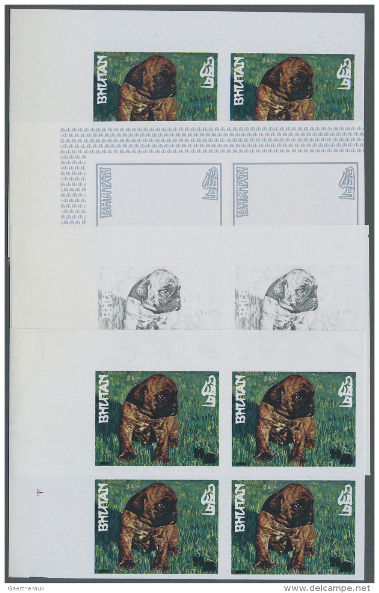 Thematik: Tiere-Hunde / Animals-dogs: 1973, Bhutan. Collective Progressive Proof (8 Phases) In Corner Blocks Of 4 For Th - Cani