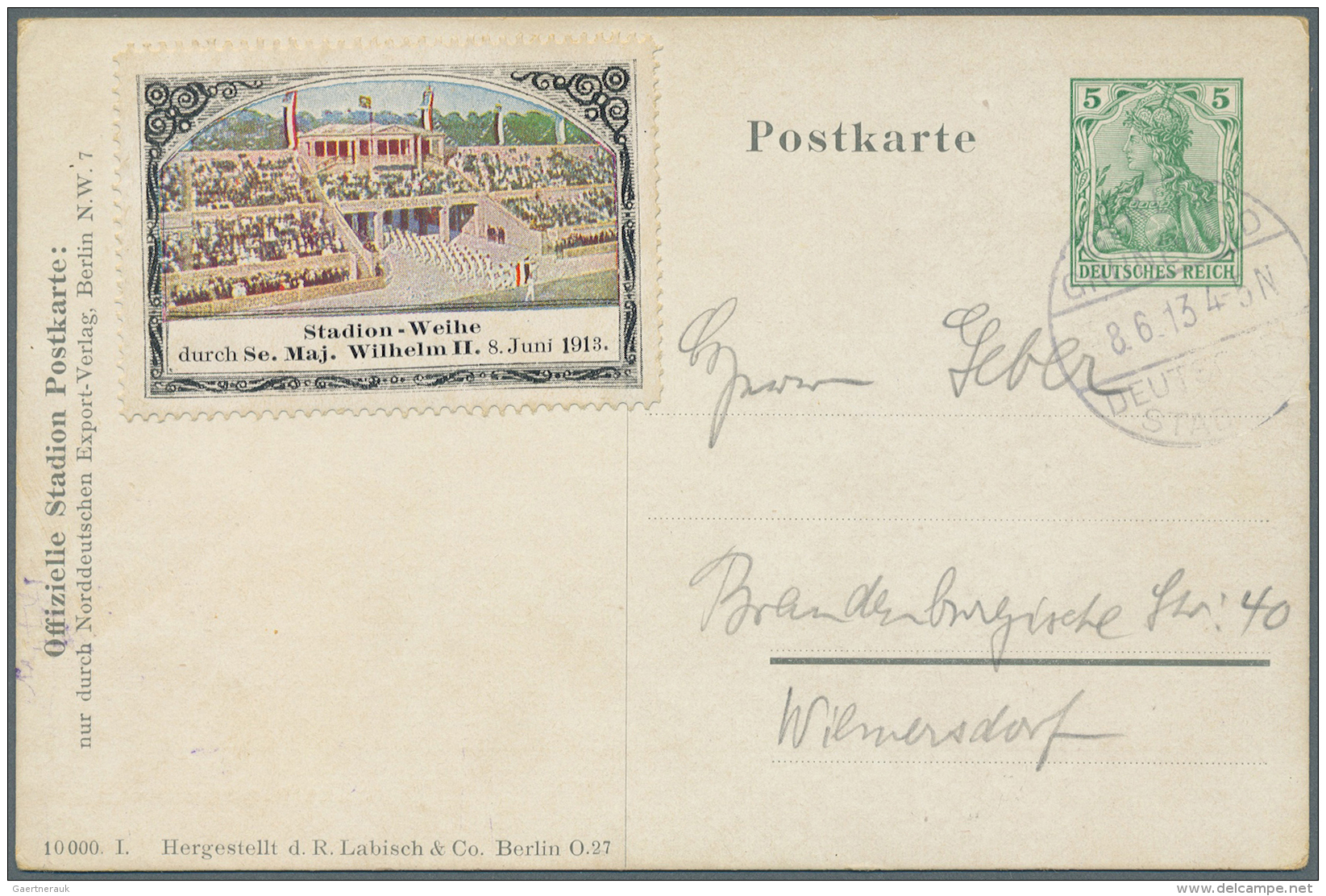 Thematik: Olympische Spiele / Olympic Games: 1913, Deutsches Reich, Privat-Postkarte 5 Pfg. Germania "DEUTSCHES STADION - Autres & Non Classés