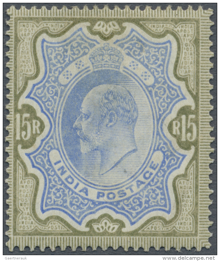Indien: 1902-11 KEVII. 15r. Blue &amp; Olive-brown, Mint Lightly Hinged, Reperforated At Right But Still Fine Appearance - 1902-11 King Edward VII