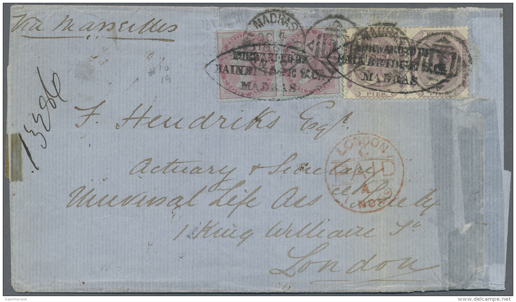 Indien: 1869 FORWARDED Double Rate Cover From Madras To London With Late (probably The Latest) Usage Of The "FORWARDED B - 1882-1901 Empire