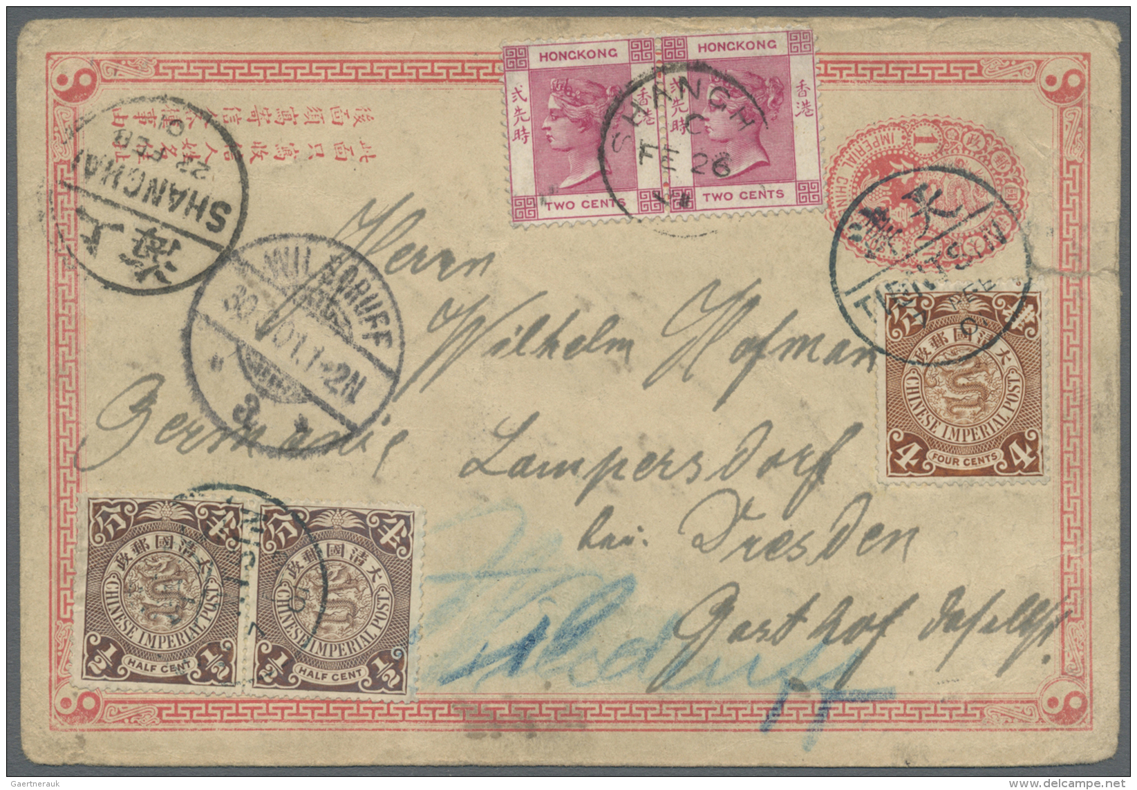China - Ganzsachen: 1897, Card ICP 1 C. Uprated Coiling Dragon 4 C, 1 /2 C. Pair Canc. "TIENTSIN 7 FEB 01" In Combinatio - Other & Unclassified