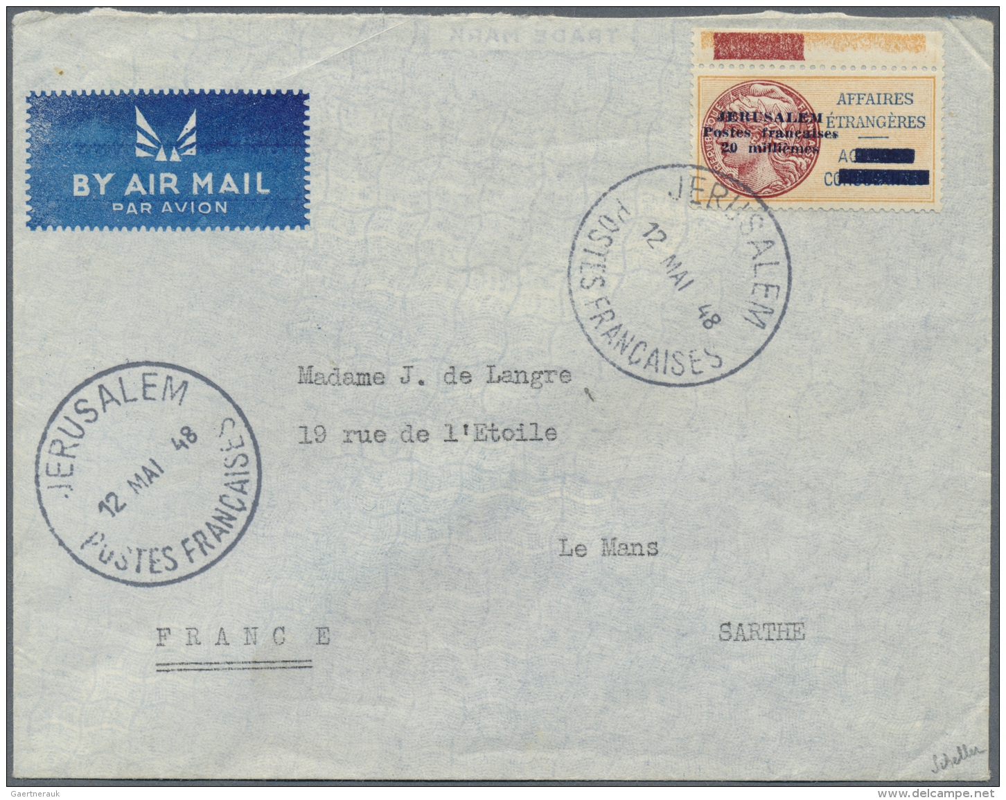 Israel: 1948 French Consular Post In Jerusalem, Fiscal Stamp Of The "Affaire Etrang&eacute;res" Overprinted "JERUSALEM P - Other & Unclassified