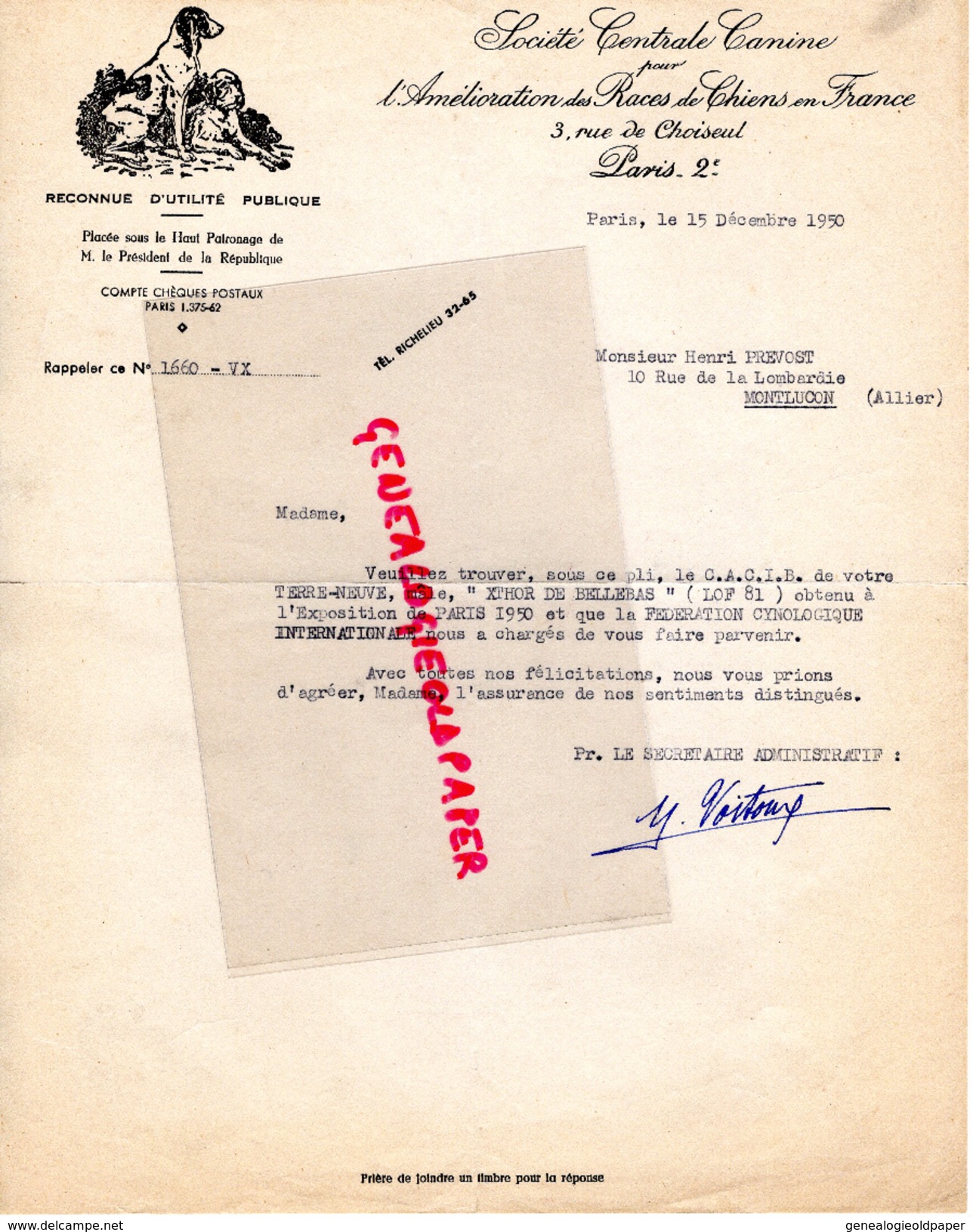75- PARIS-  SOCIETE CENTRALE CANINE AMELIORATION RACES CHIENS - CHIEN DOG- 3 RUE CHOISEUL- HENRI PREVOST MONTLUCON- 1950 - Historical Documents