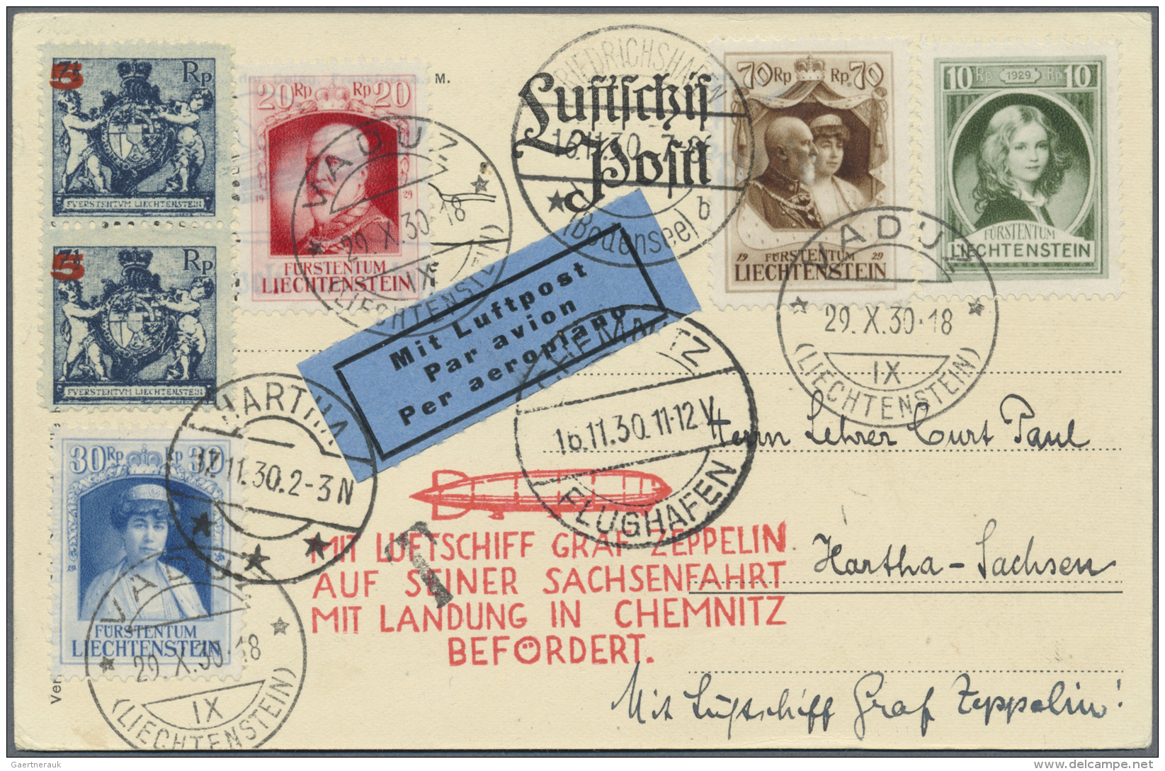 Zeppelinpost Europa: 1930, 100Aa, LIECHTENSTEIN/SACHSENFAHRT: Portorichtig Mit 1,40 Frankierte (Buntfrankatur) Vertragss - Briefe U. Dokumente