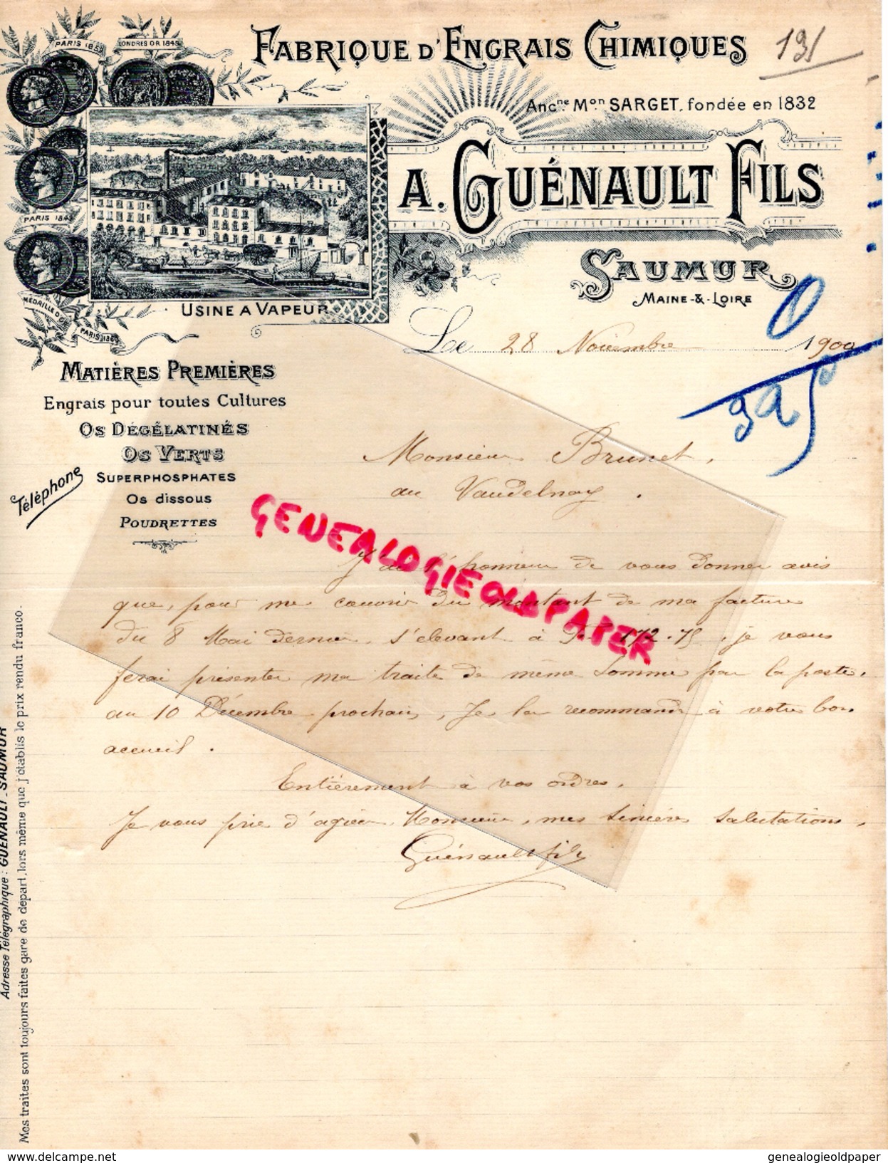 49 - SAUMUR- LETTRE MANUSCRITE SIGNEE  A. GUENAULT FILS- FABRIQUE ENGRAIS CHIMIQUES- USINE VAPEUR- SARGET- 1909 - Old Professions