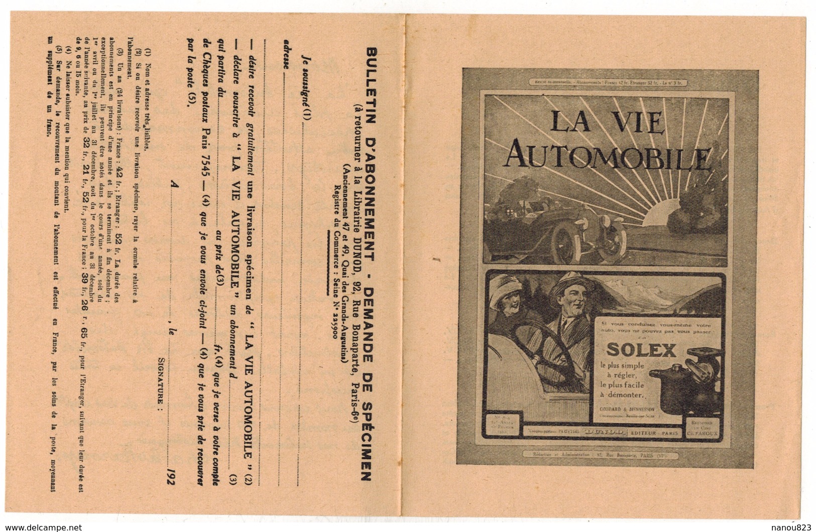 DEPLIANT 2 Volets Avec Son Bulletin D'abonnement à LA VIE AUTOMOBILE Année 1924 - Solex - Non Classés