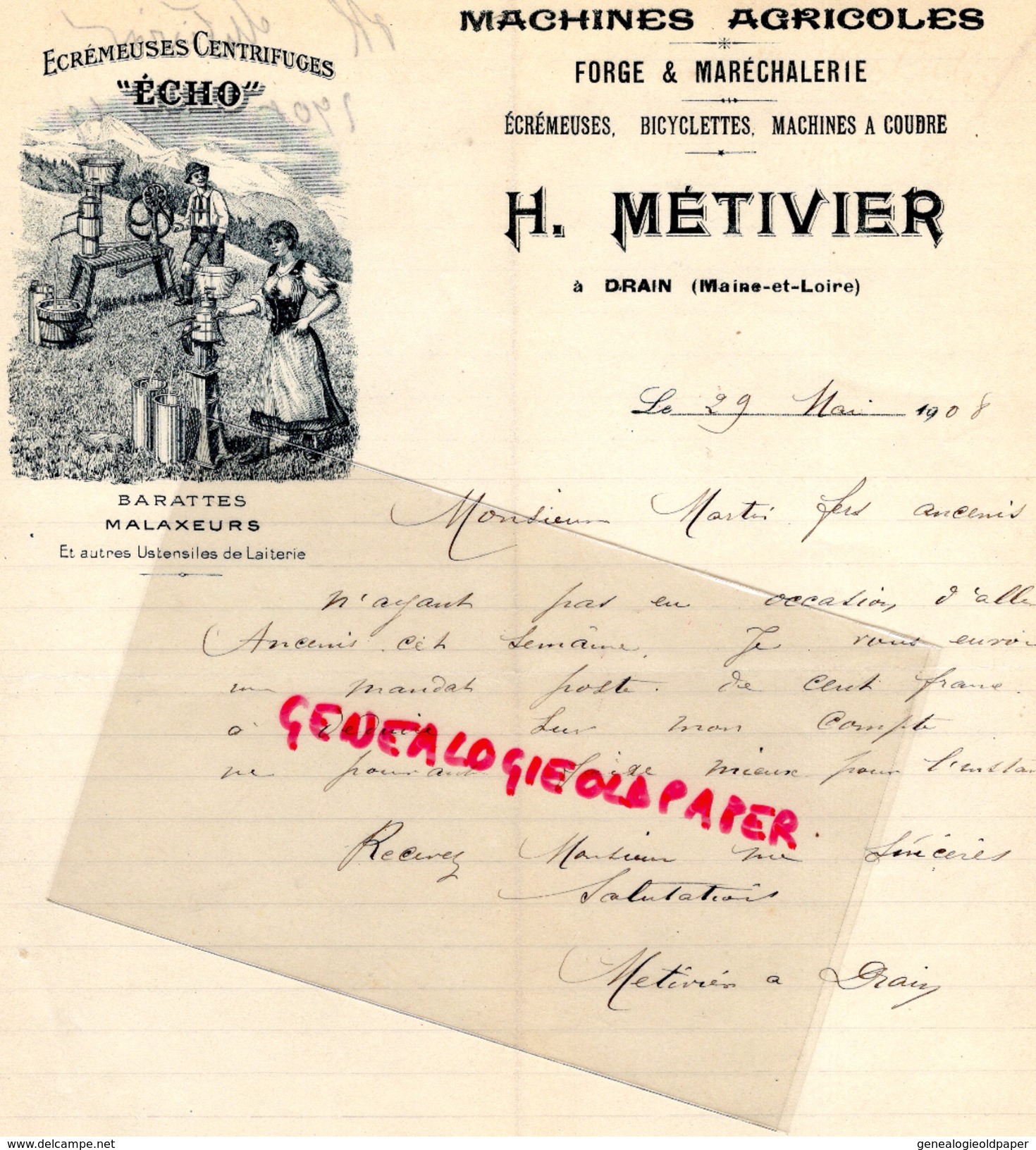 49 - DRAIN -  LETTRE MANUSCRITE SIGNEE- H. METIVIER - MACHINES AGRICOLES -BARATTE ECREMEUSE ECHO- LAITERIE LAIT BEURRE - Petits Métiers