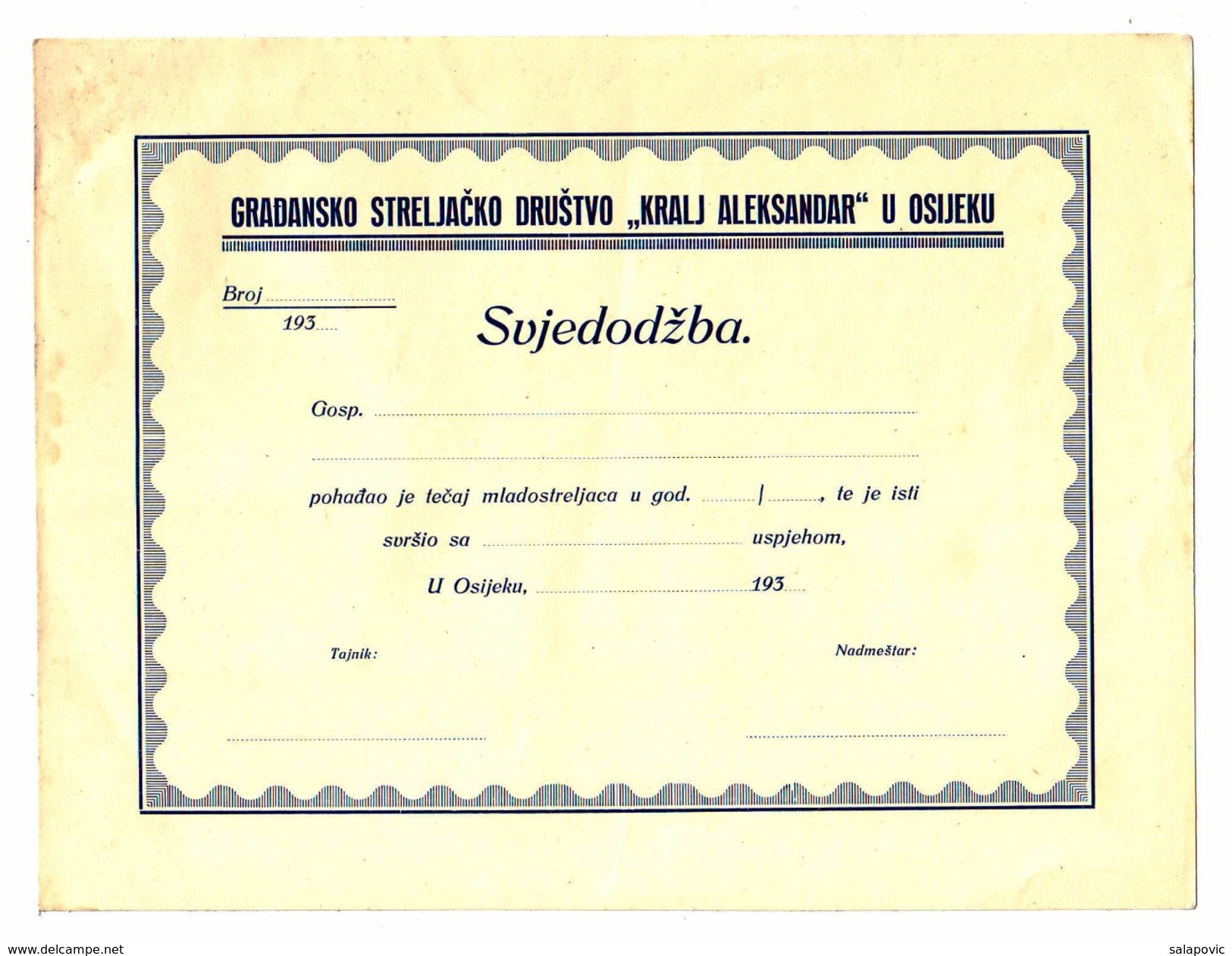 GRADJANSKO STRELJACKO DRUSTVO KRALJ ALEKSANDAR OSIJEK, SVJEDODZBA, CERTIFICATE, ZERTIFIKAT, Schießklub, - Archery