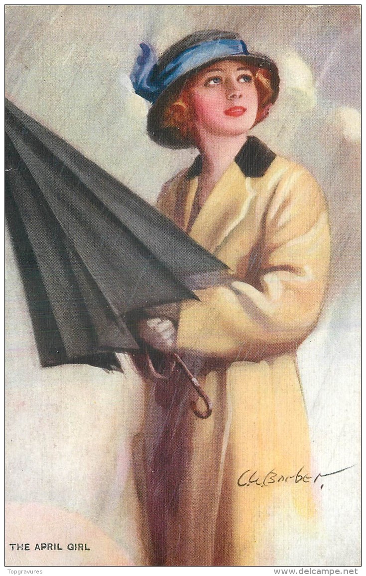 CP ILLUSTREE SIGNEE BARBET - THE APRIL GIRL - FEMME AVEC PARAPLUIE - Barber, Court