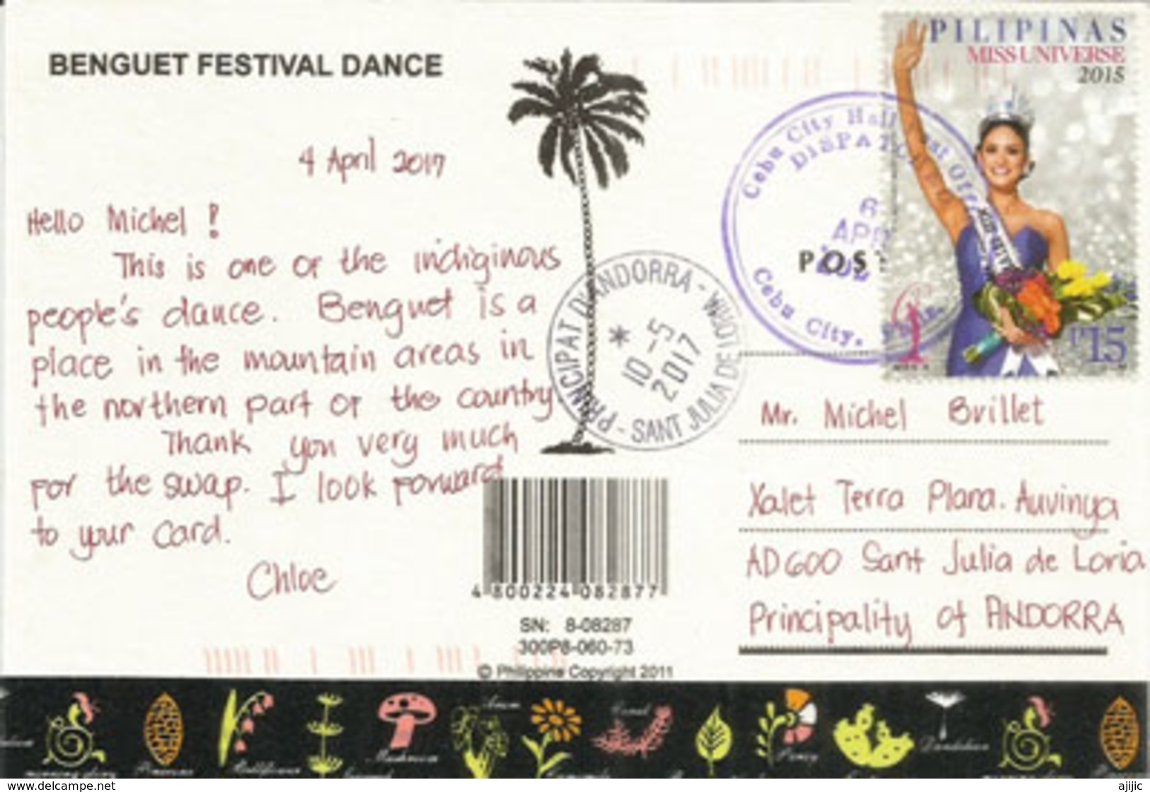 Benguet Festival Dance Of The Philippines,stamped With Miss Universe ,postcard Addressed To ANDORRA, With Arrival Stamp - Océanie