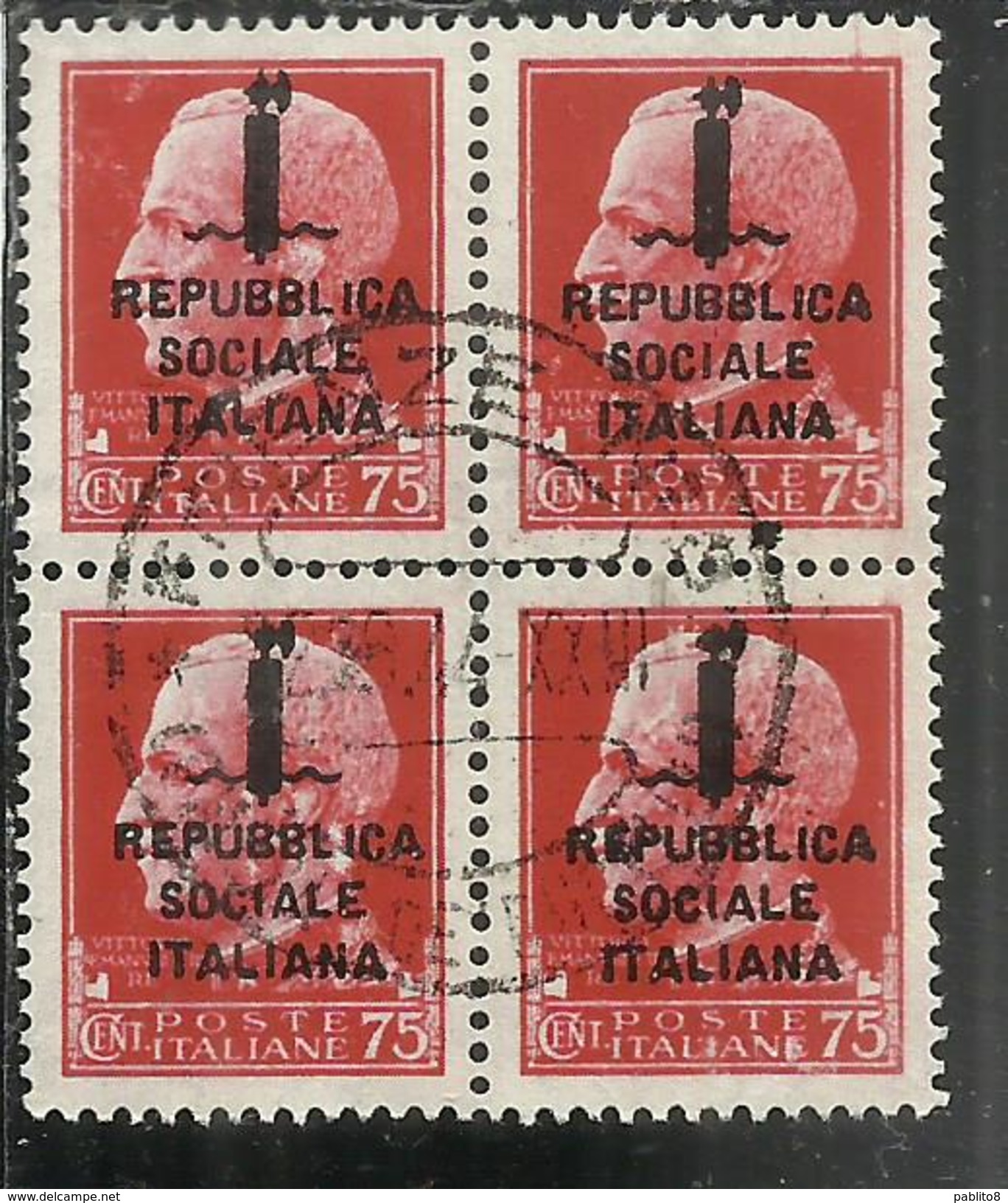 ITALIA REGNO ITALY KINGDOM 1944 RSI REPUBBLICA SOCIALE IMPERIALE CENT 75 QUARTINA BLOCK USATA USED OBLITERE' - Usati