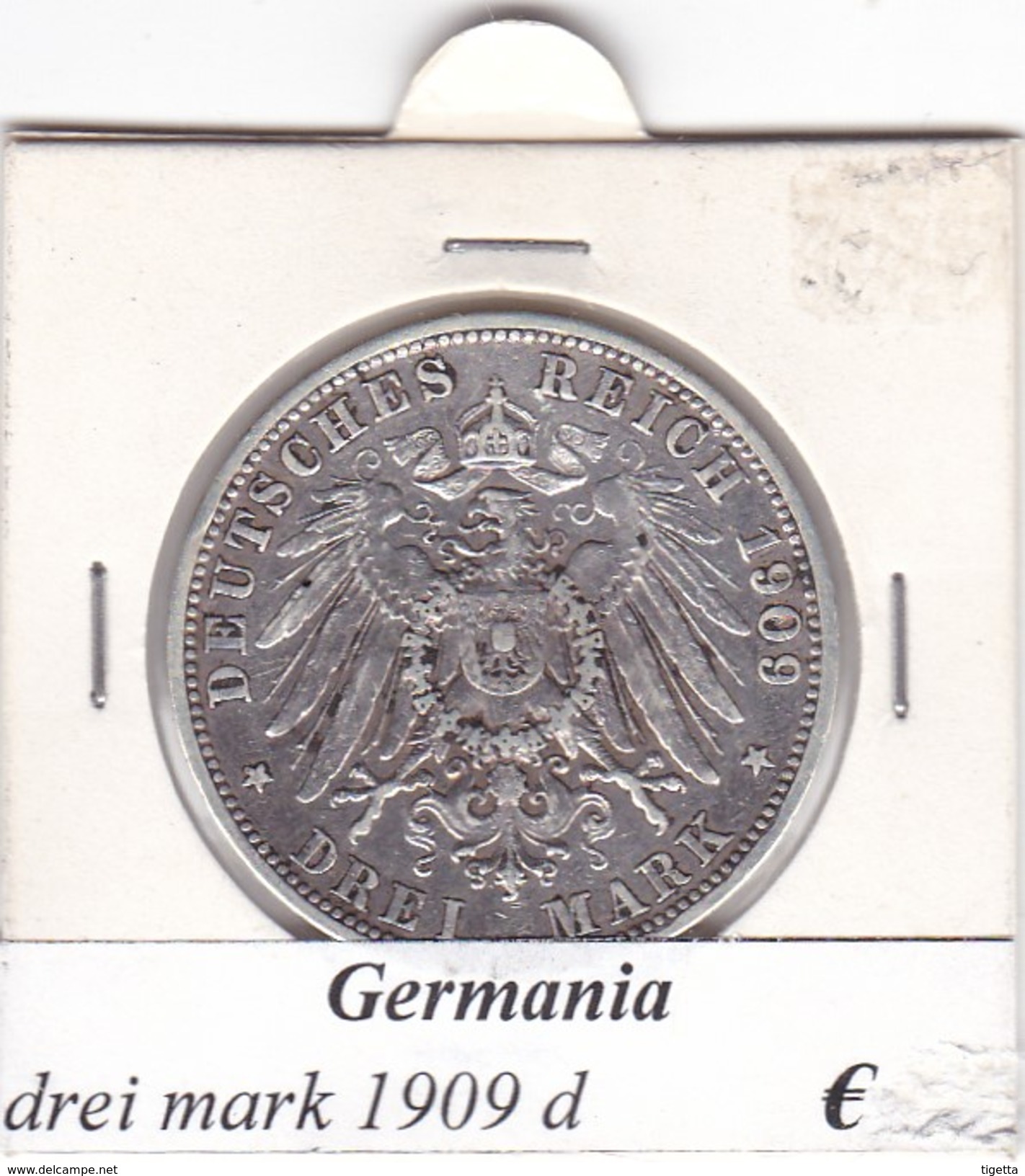 GERMANIA  DREI MARK 1909 LETTERA D  COME DA FOTO - 2, 3 & 5 Mark Silber