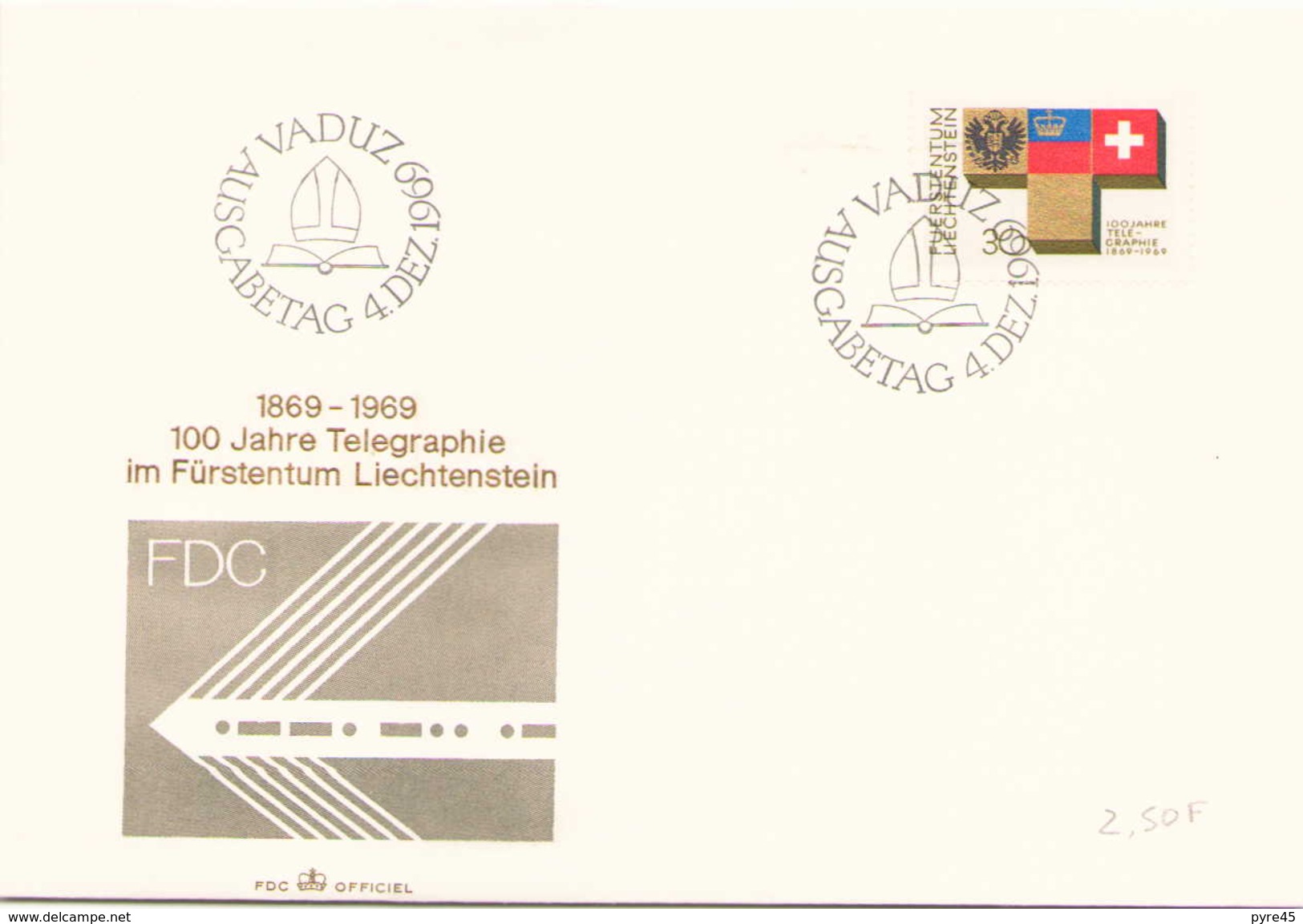 LIECHTENSTEIN FDC DU 4 DECEMBRE 1969 VADUZ 100 JAHRE TELEGRAPHIE - FDC