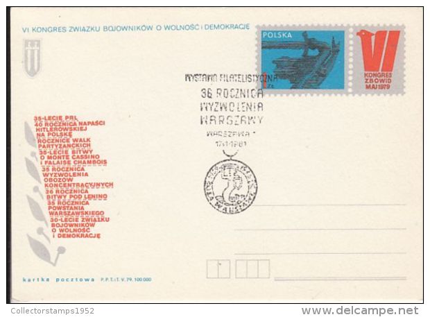 60038- PARTY CONGRESS, WW2 END COMMEMORATION, POSTCARD STATIONERY, 1979, POLAND - Ganzsachen