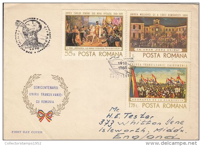 60059- TRANSYLVANIA AND WALLACHIA UNION ANNIVERSARY, COVER FDC, 1968, ROMANIA - FDC