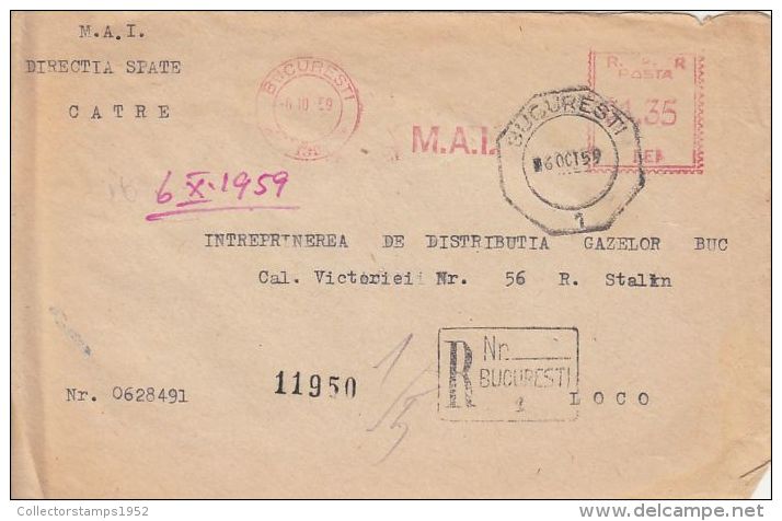 60062- AMOUNT 1.35, MINISTRY OF INTERIOR, BUCHAREST, RED MACHINE STAMPS ON REGISTERED COVER FRAGMENT, 1959, ROMANIA - Cartas & Documentos