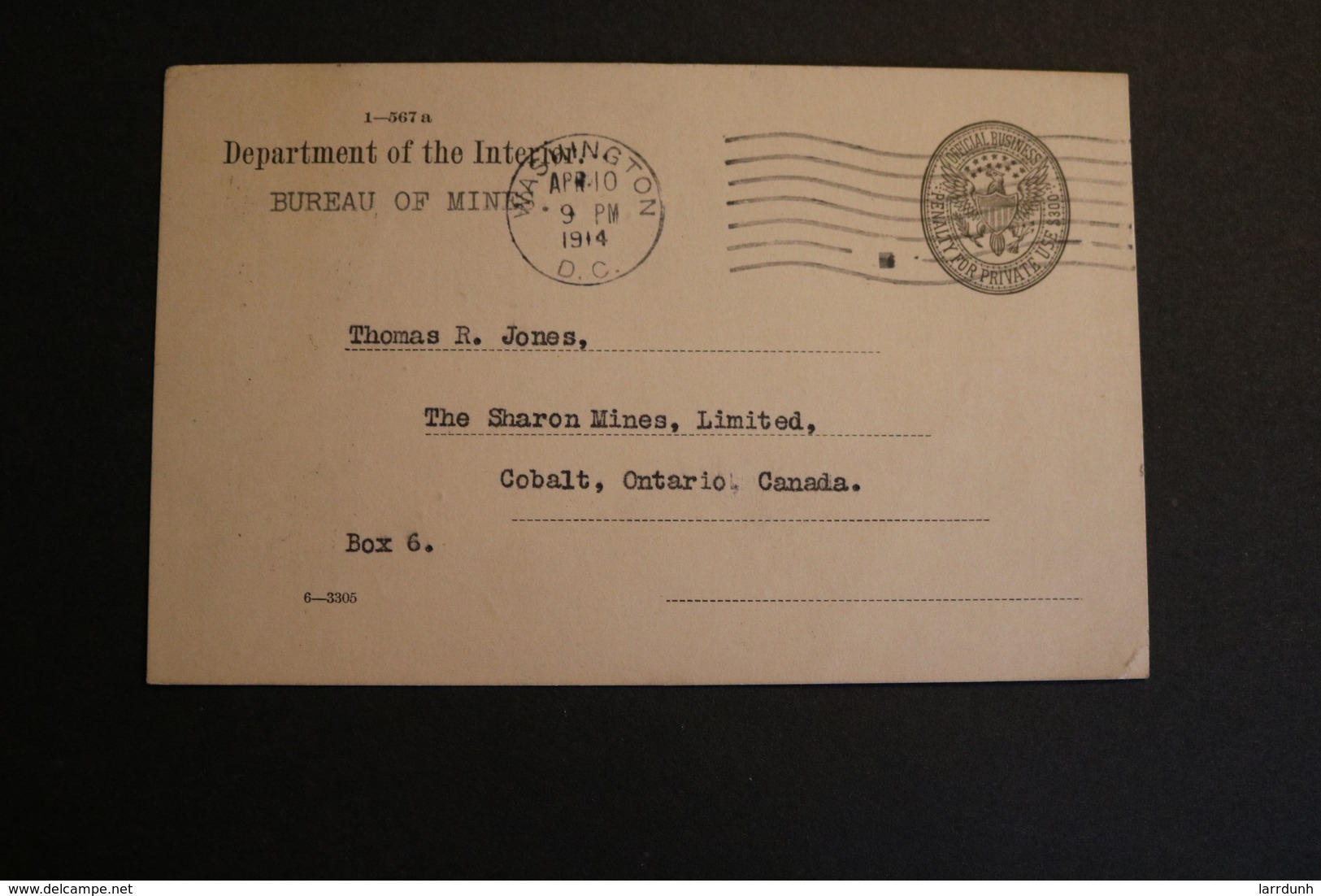 United States USA Department Of The Interior Bureau Of Mines Sent To Canada 1914 A04s - Unclassified