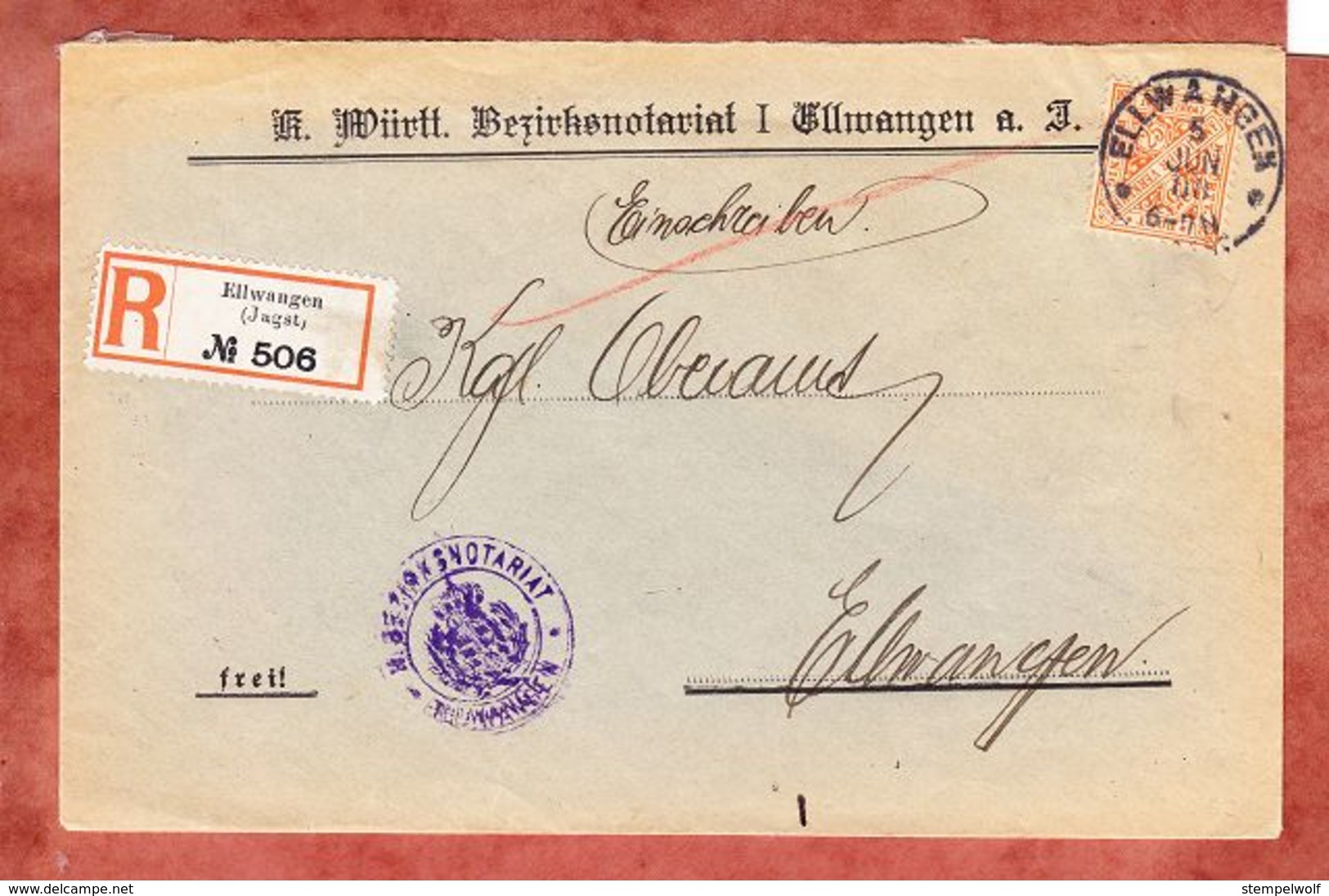 Einschreiben Reco, Bezirksnotariat, EF Ziffer, Innerhalb Ellwangen 1908 (37983) - Sonstige & Ohne Zuordnung