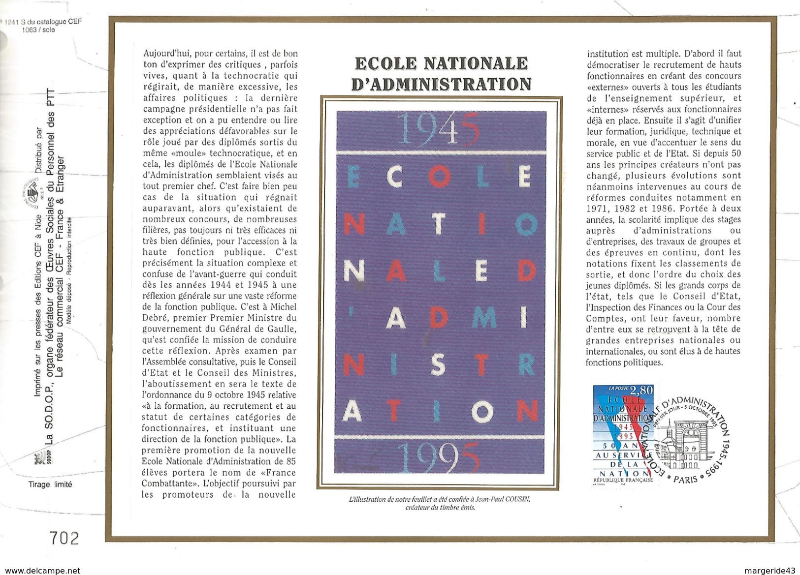 1995 FEUILLET CEF SUR SOIE - 50 ANS DE L'ENA - Otros & Sin Clasificación