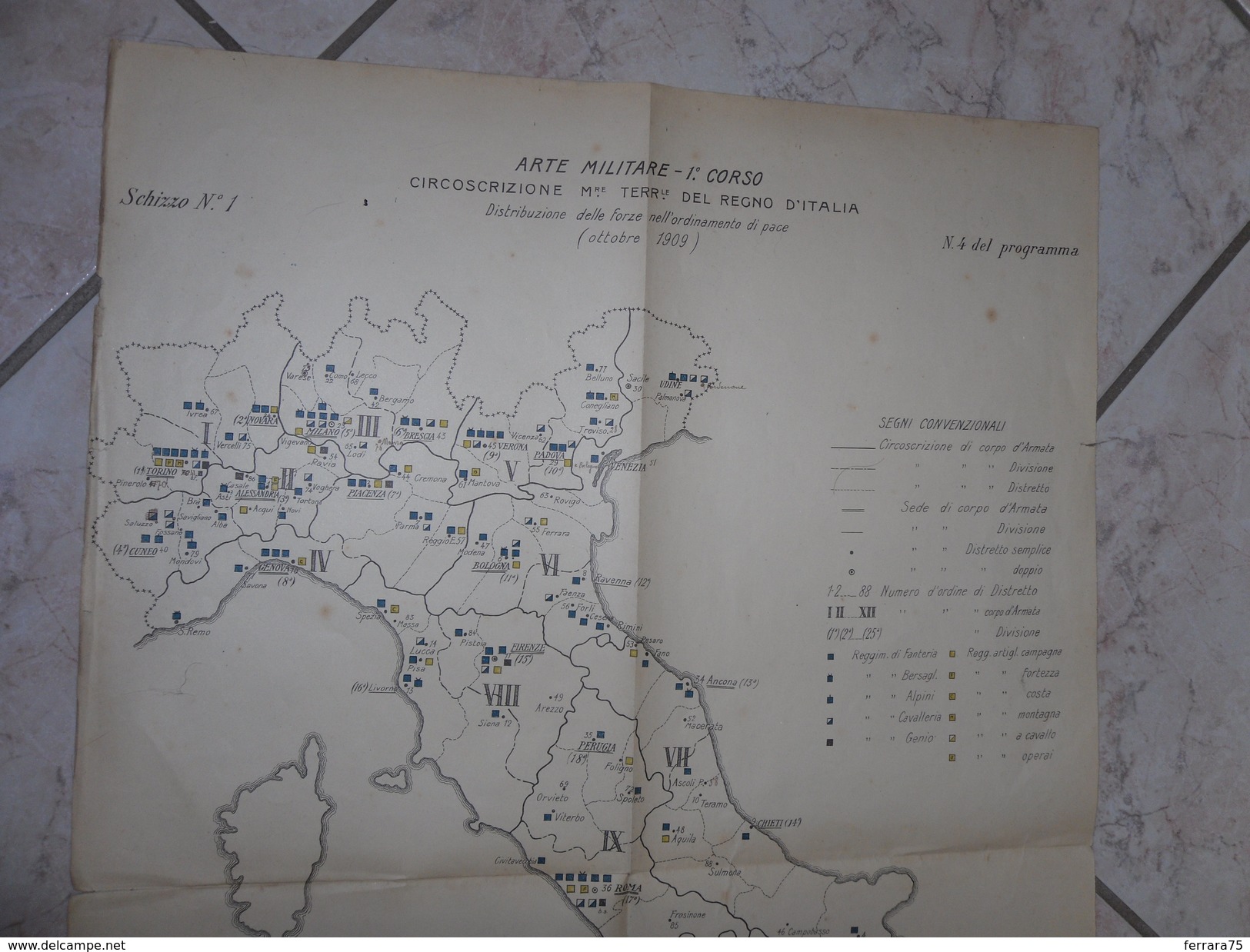 ARTE MILITARE MAPPA CARTINA 1°CORSO DISTRIBUZIONE DELLE FORZE DI PACE 1909 - Altri & Non Classificati