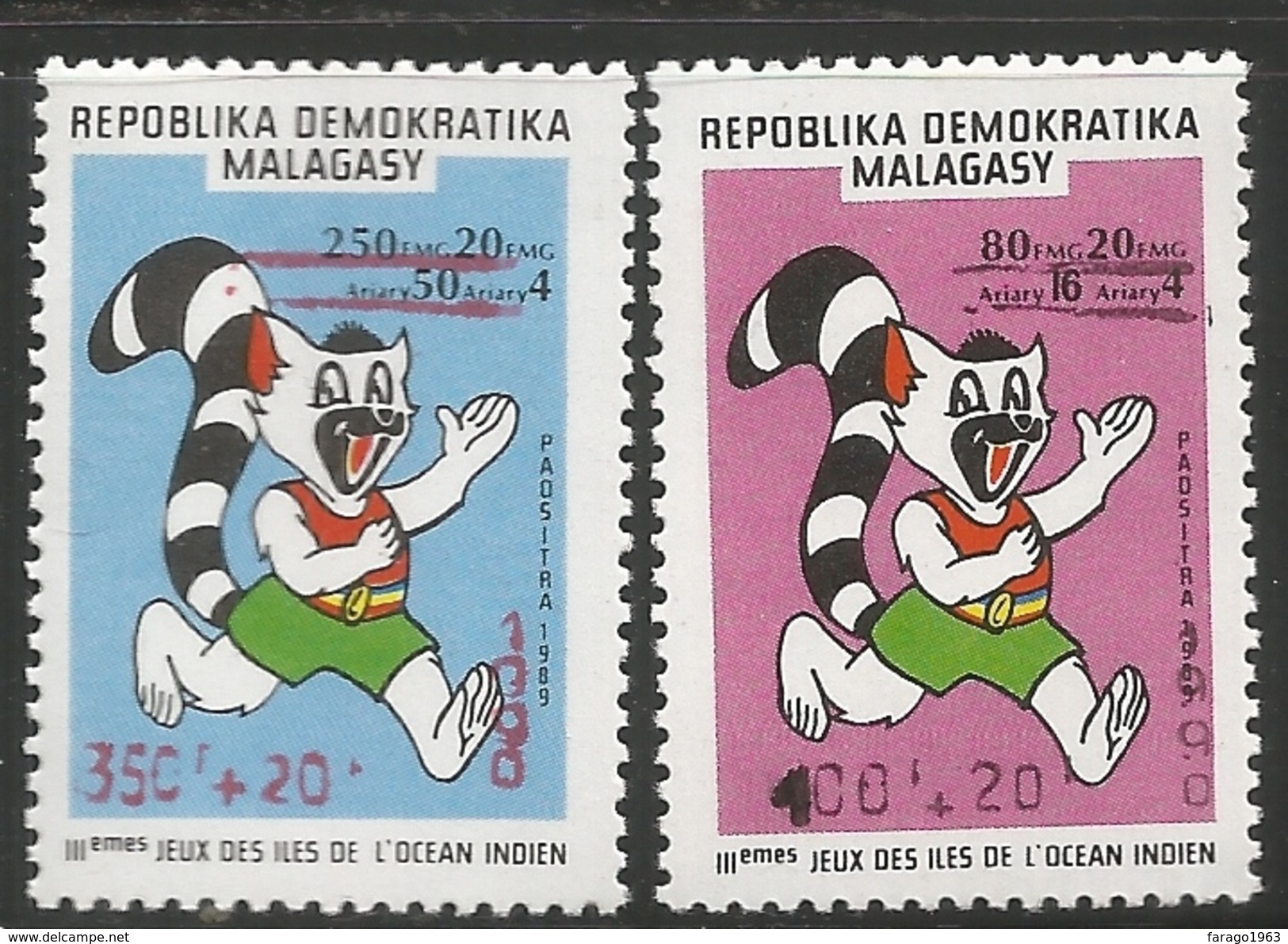 1990 Malagasy Madagascar Indian Ocean Games Lemur Mascot  Complete Set Of 2 MNH - Madagascar (1960-...)